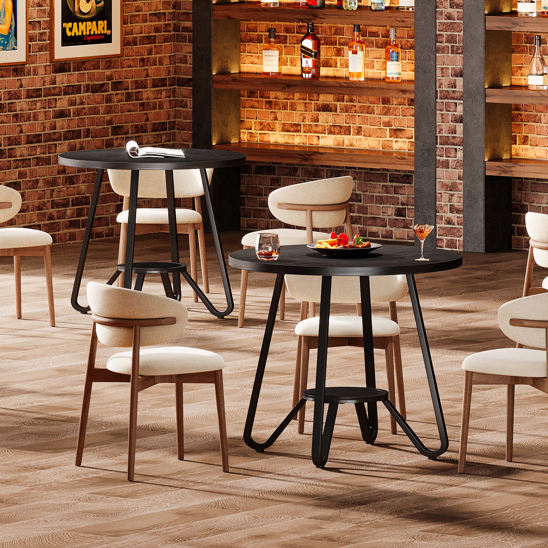 80 cm Ronde Eettafel met Dubbele Legplanken, Industriële Keukentafel voor 2 Personen