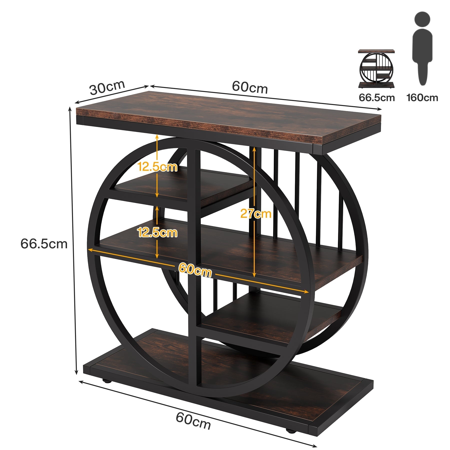 60 x 30 cm Industriële Bijzettafel, Smalle 5-Etages Tafel voor Woonkamer en Slaapkamer
