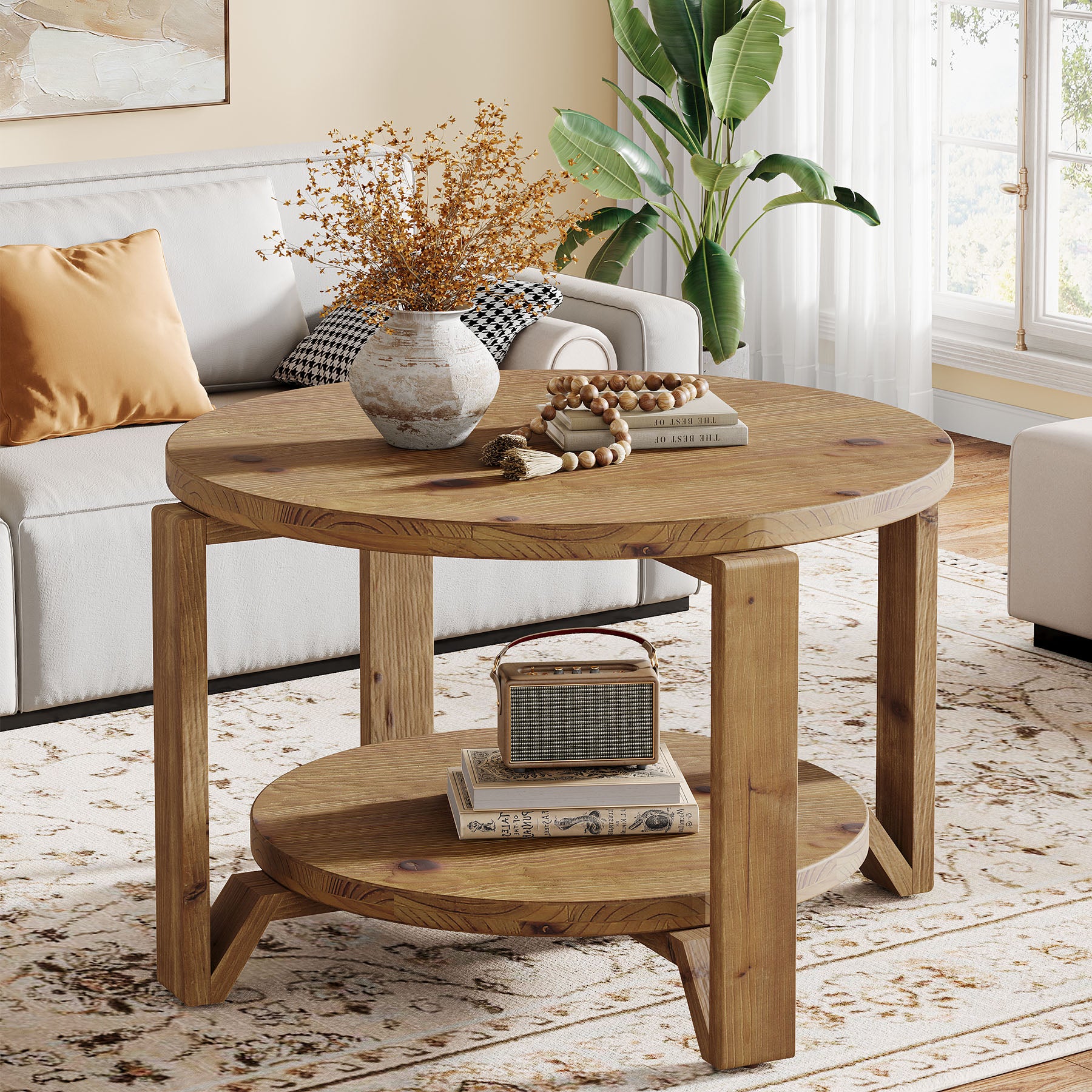 80 cm Ronde Salontafel in Walnoot met Opbergruimte, Mid-Century Accenttafel