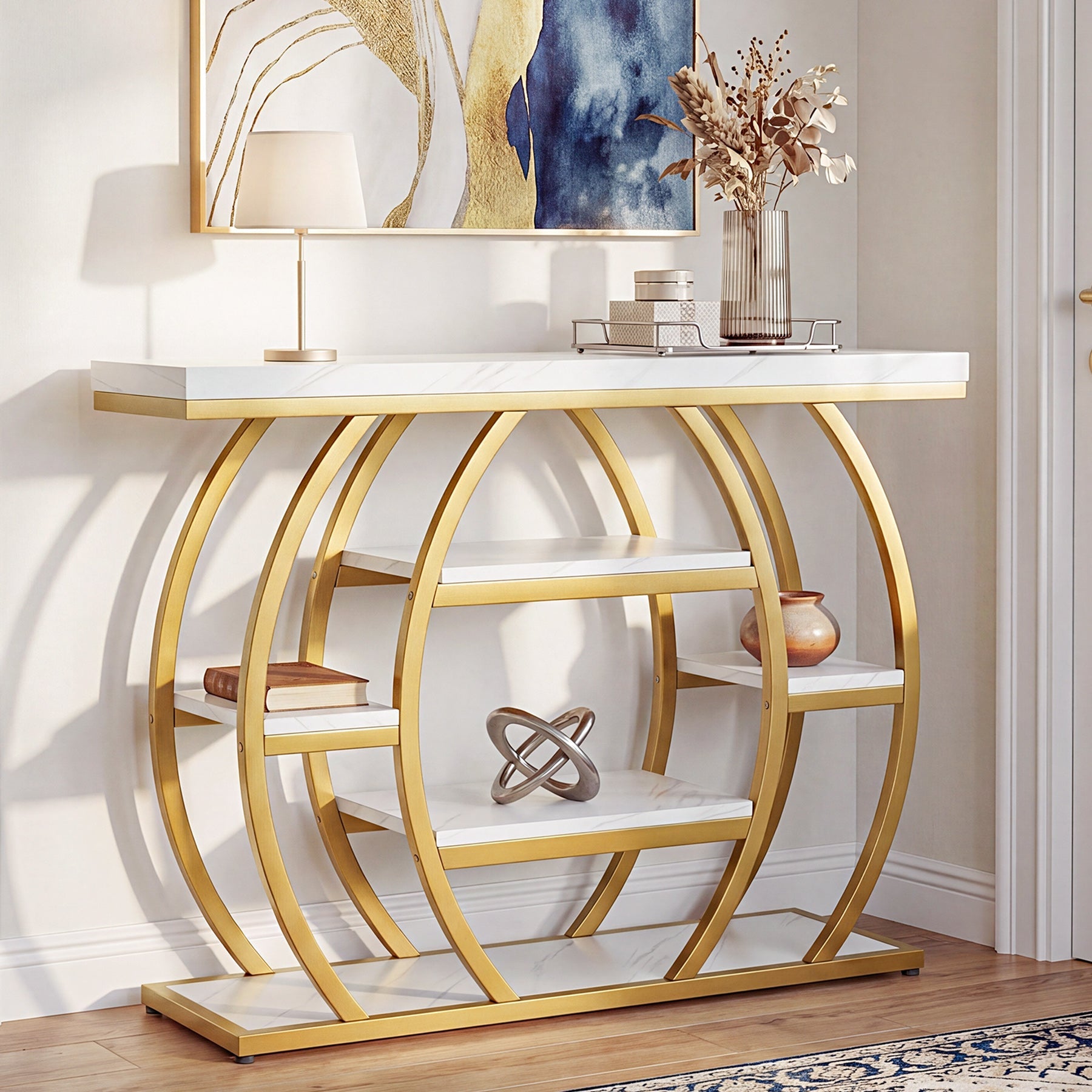 Tribesigns consoletafel 105 cm – smalle haltafel met 5 legplanken, goudkleurig metalen frame en blad in marmerlook
