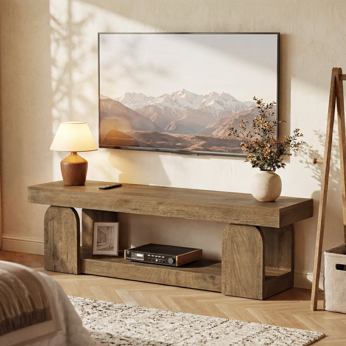 160 cm Tribesigns tv-meubel voor tv's tot 165 cm met open opbergplank, landelijk tv-dressoir in naturel houtlook voor woonkamer