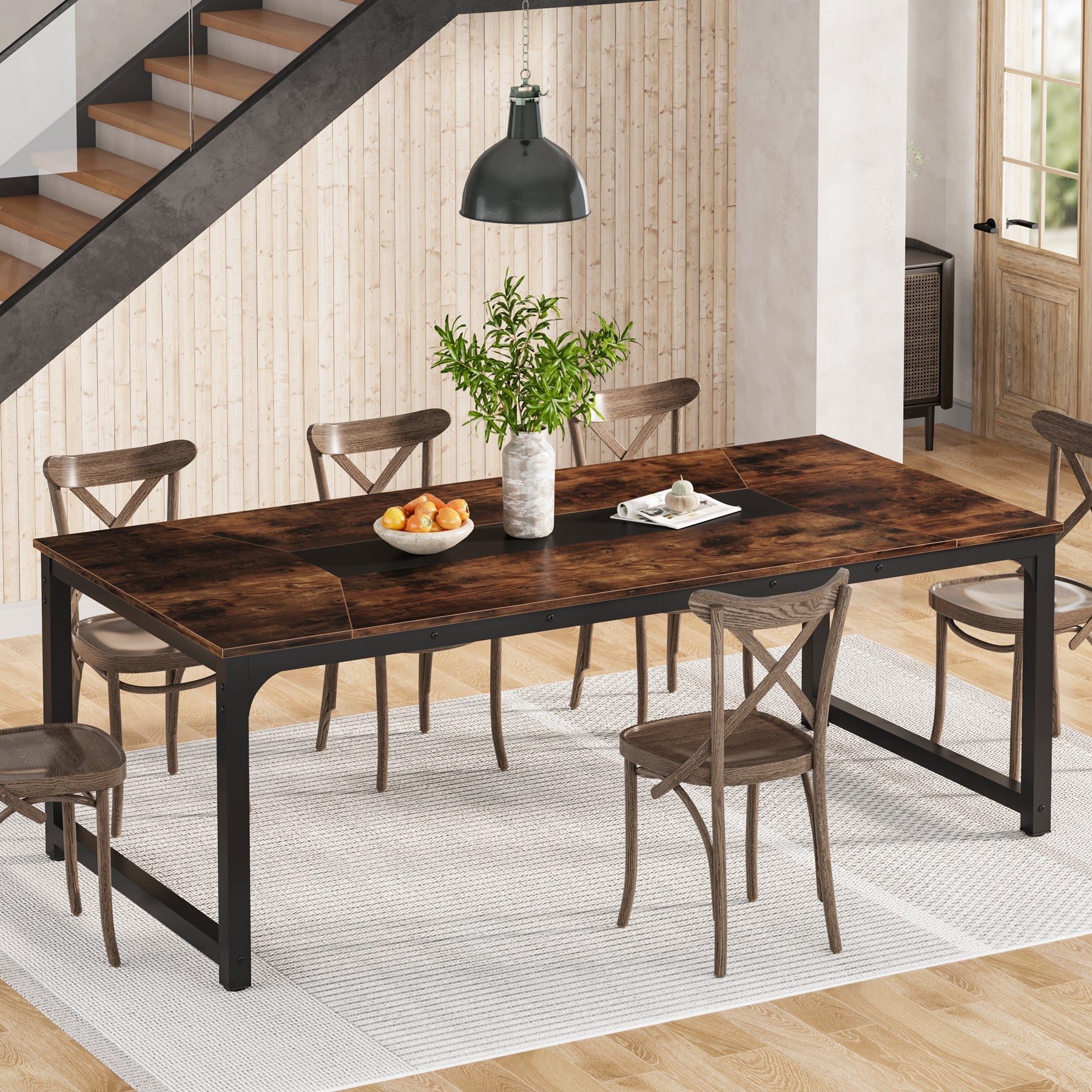 Industriële Eettafel Met Massief Houten Blad, Geschikt Voor 6 Tot 8 Personen in Keuken of Woonkamer