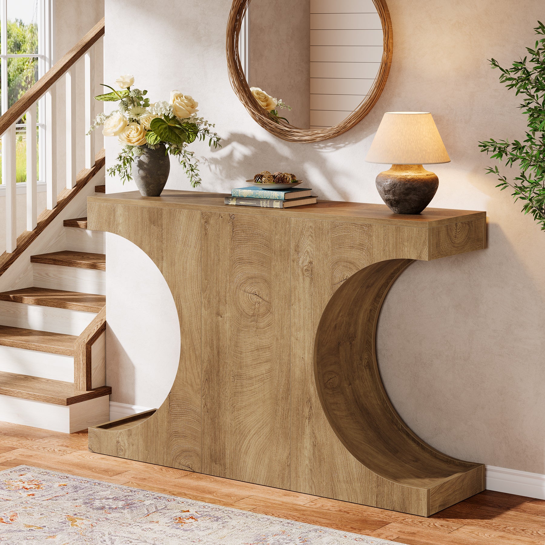 120 cm Landelijke Consoletafel met C-Vormige Poten, Smalle Haltafel van Hout Bruin voor Woonkamer