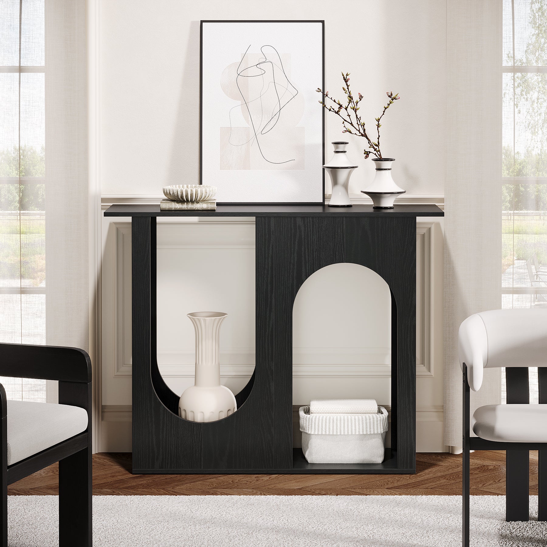 100 cm Zwarte Banktafel, Smalle Consoletafel met Gebogen Design voor Entree en Woonkamer