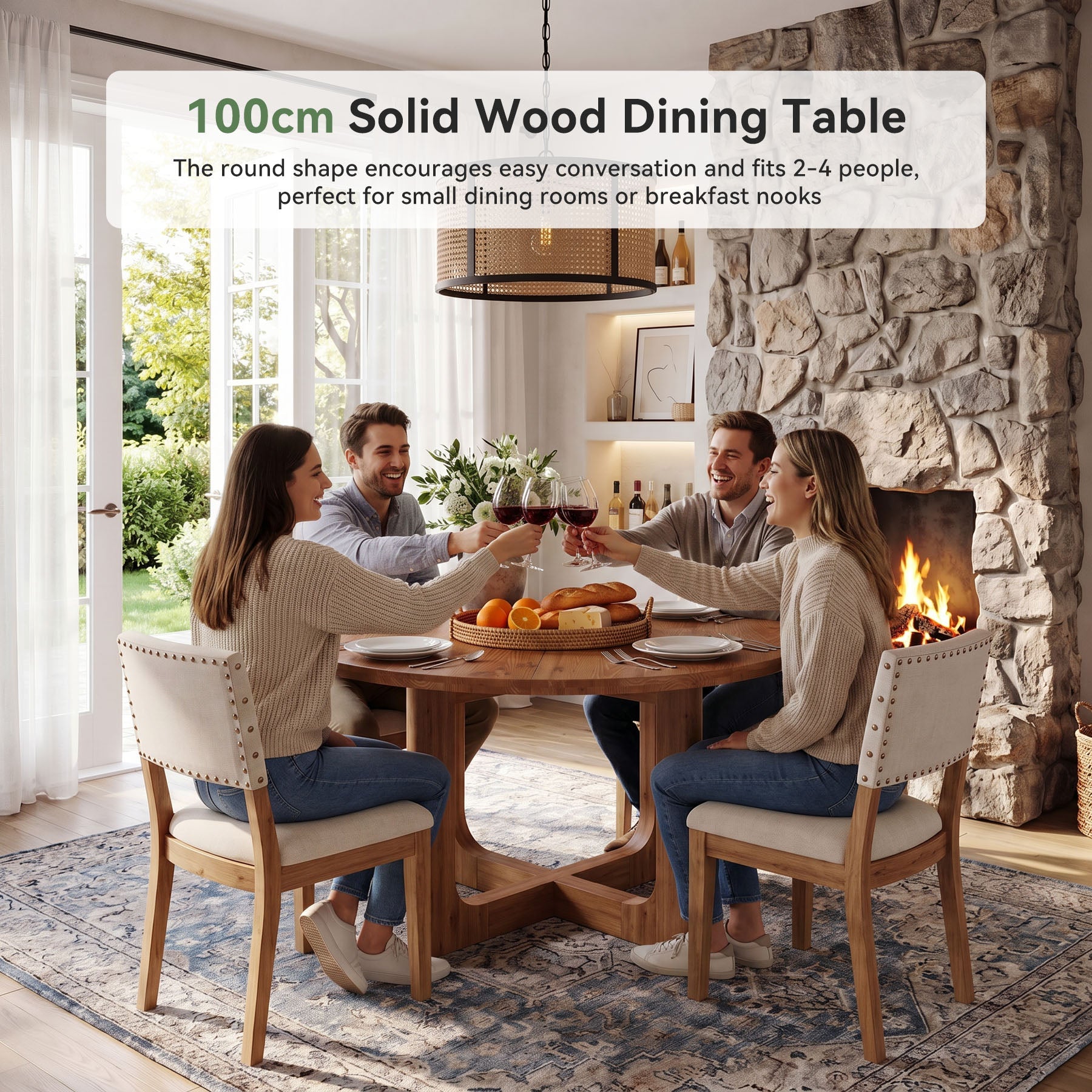 Tribesigns ronde massief houten eettafel 100 cm voor 2–4 personen, landelijke keukentafel met stevig kruisvormig onderstel