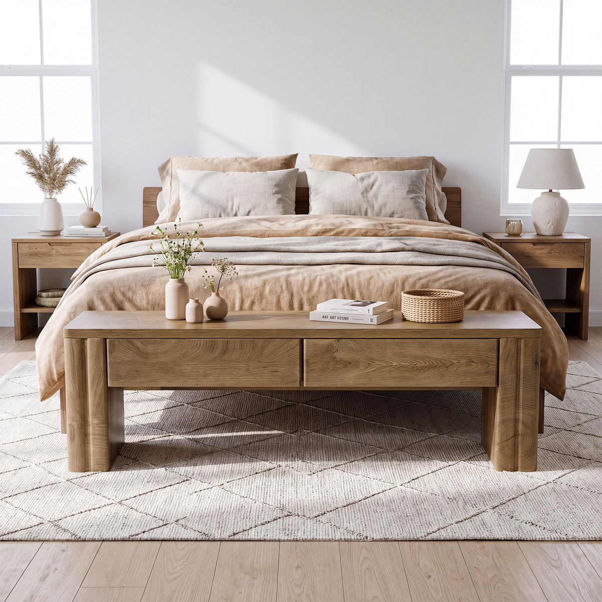 140 cm Tribesigns bedbank met 2 verborgen opberglades, moderne landelijke zitbank in warme eikenlook voor slaapkamer