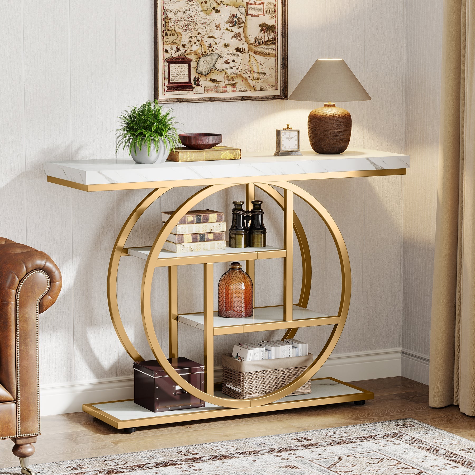 105 cm Industriële Console, 4 Planken met Ronde Basis voor Hal en Woonkamer