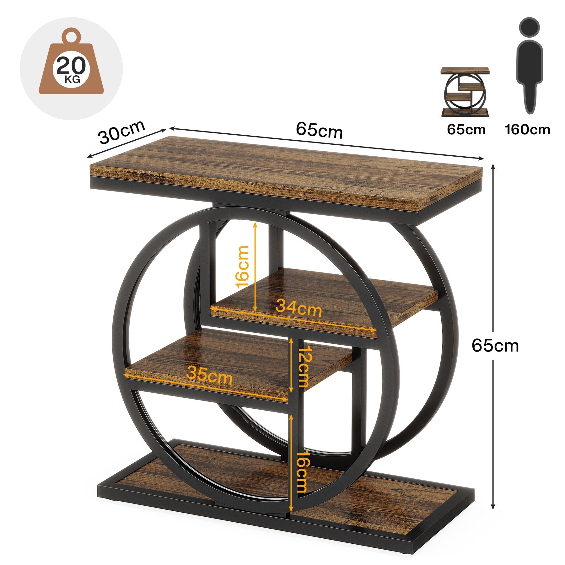 60 cm Industriële Bijzettafel, Vierplanken Opbergmeubel in Rustiek Bruin