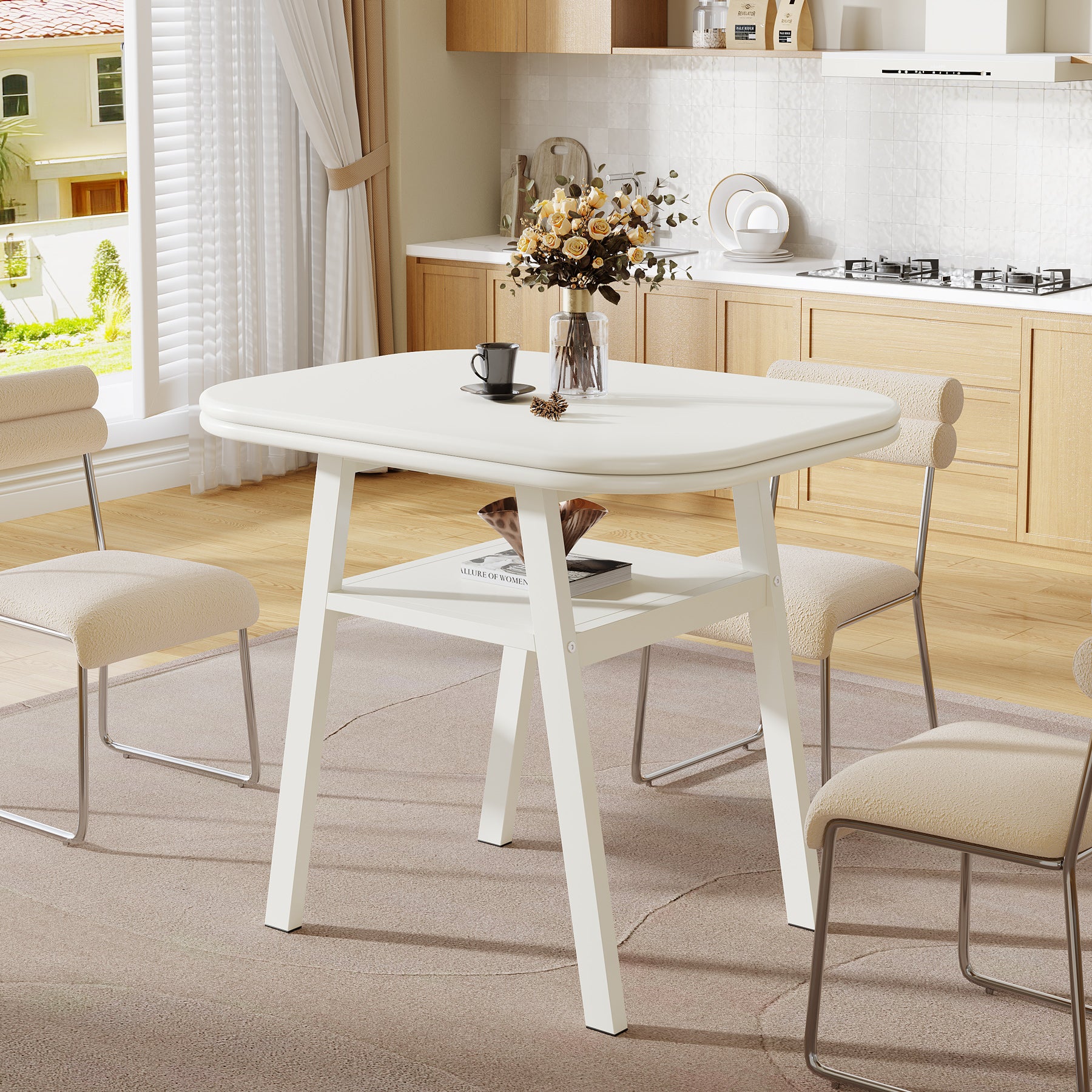 80 cm Kleine Moderne Eettafel met Opbergplank en Metalen Frame Poten
