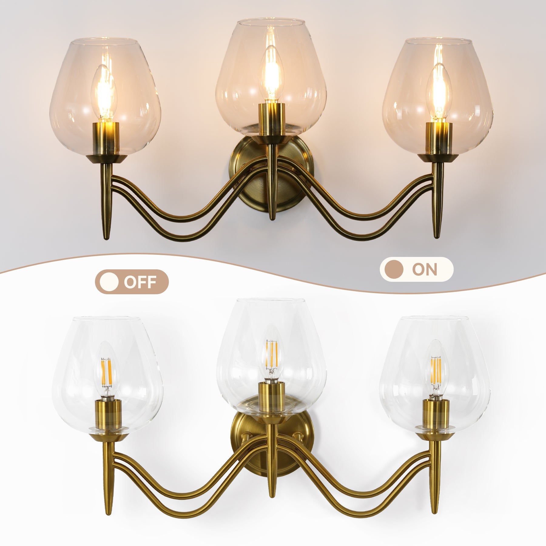 3-lichts badkamerlamp 58 cm van messing, spiegellamp met helder glas, E14-fitting