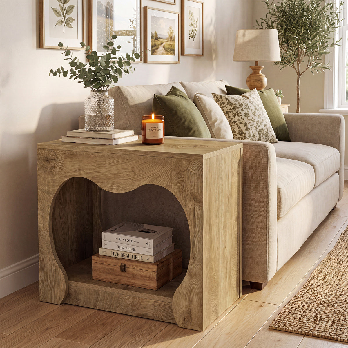 70 cm Tribesigns houten bijzettafel met 2 opbergniveaus en gebogen openingen, smalle tafel in warme houtlook voor woonkamer en slaapkamer