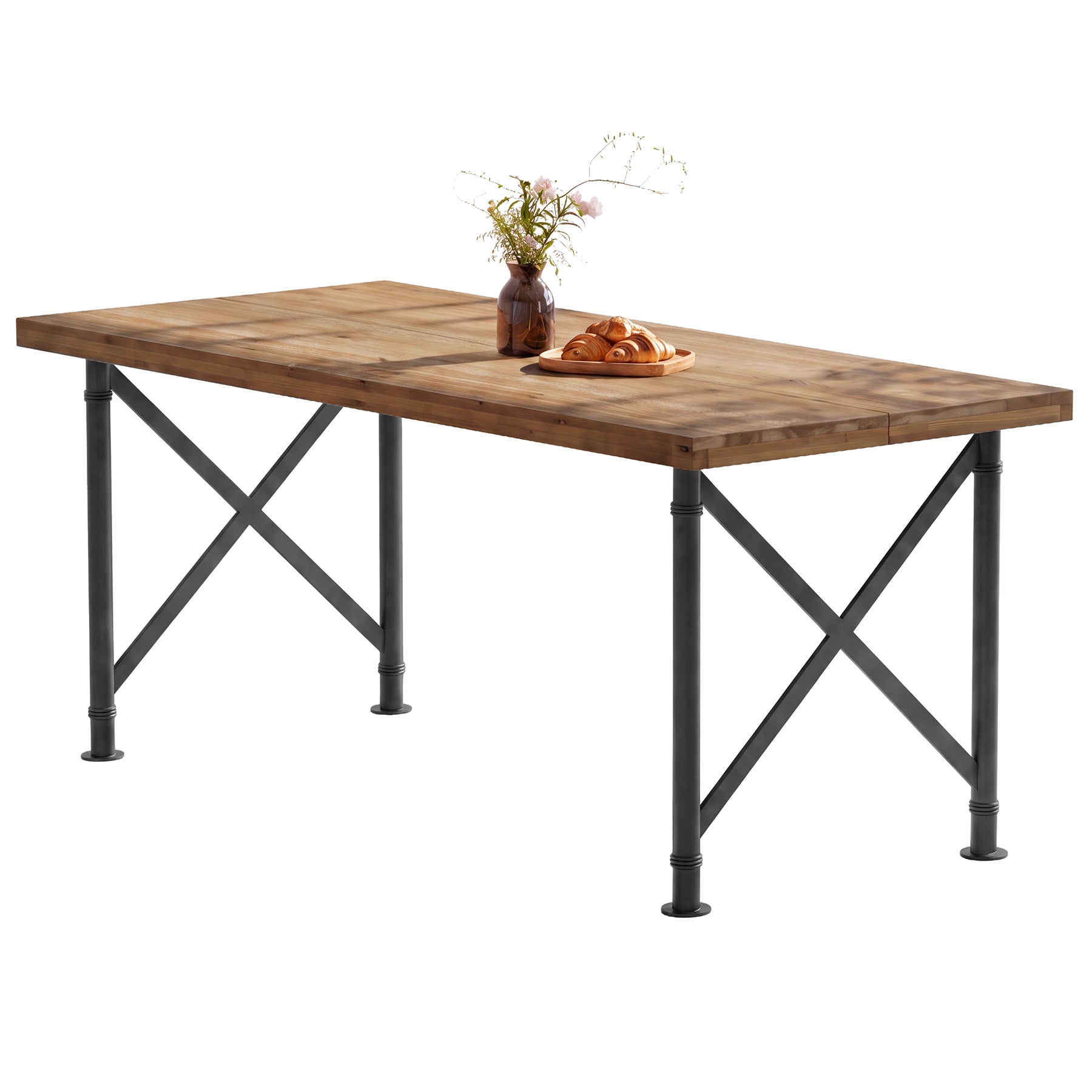 Massief houten eettafel 160 × 80 cm voor 4–6 personen, rechthoekige eettafel met X-vormig metalen frame