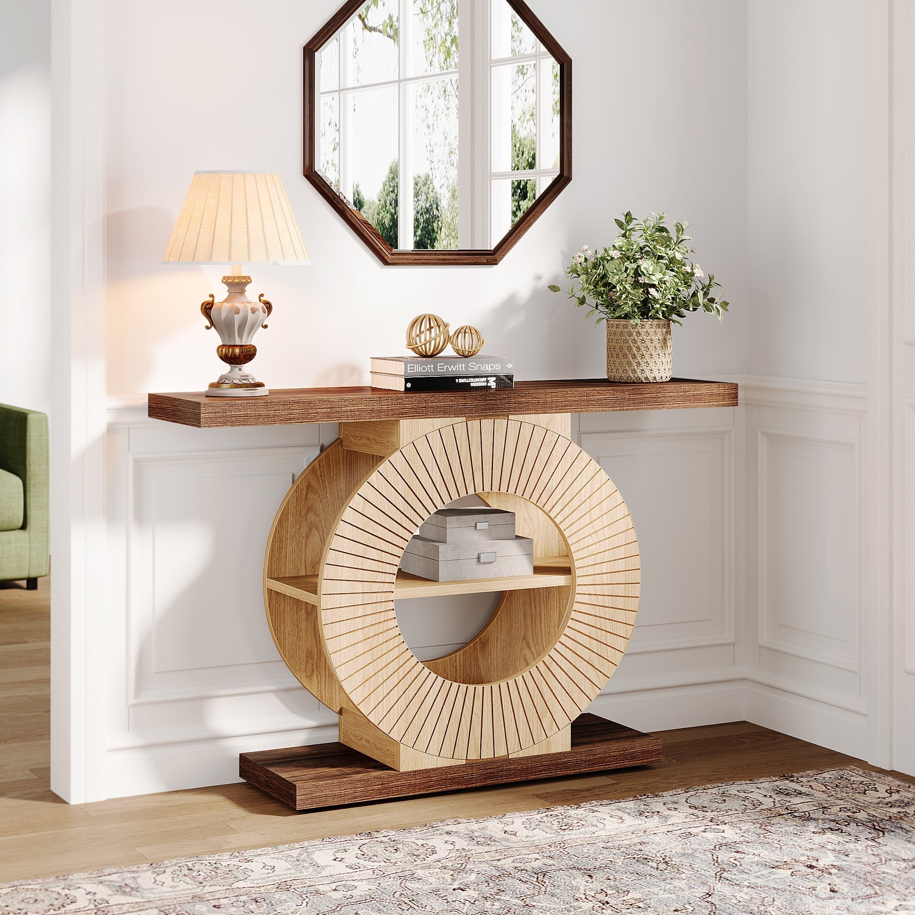 100 cm Houten Console met Opbergplank, Ronde Basis Accenttafel voor Entree en Woonkamer