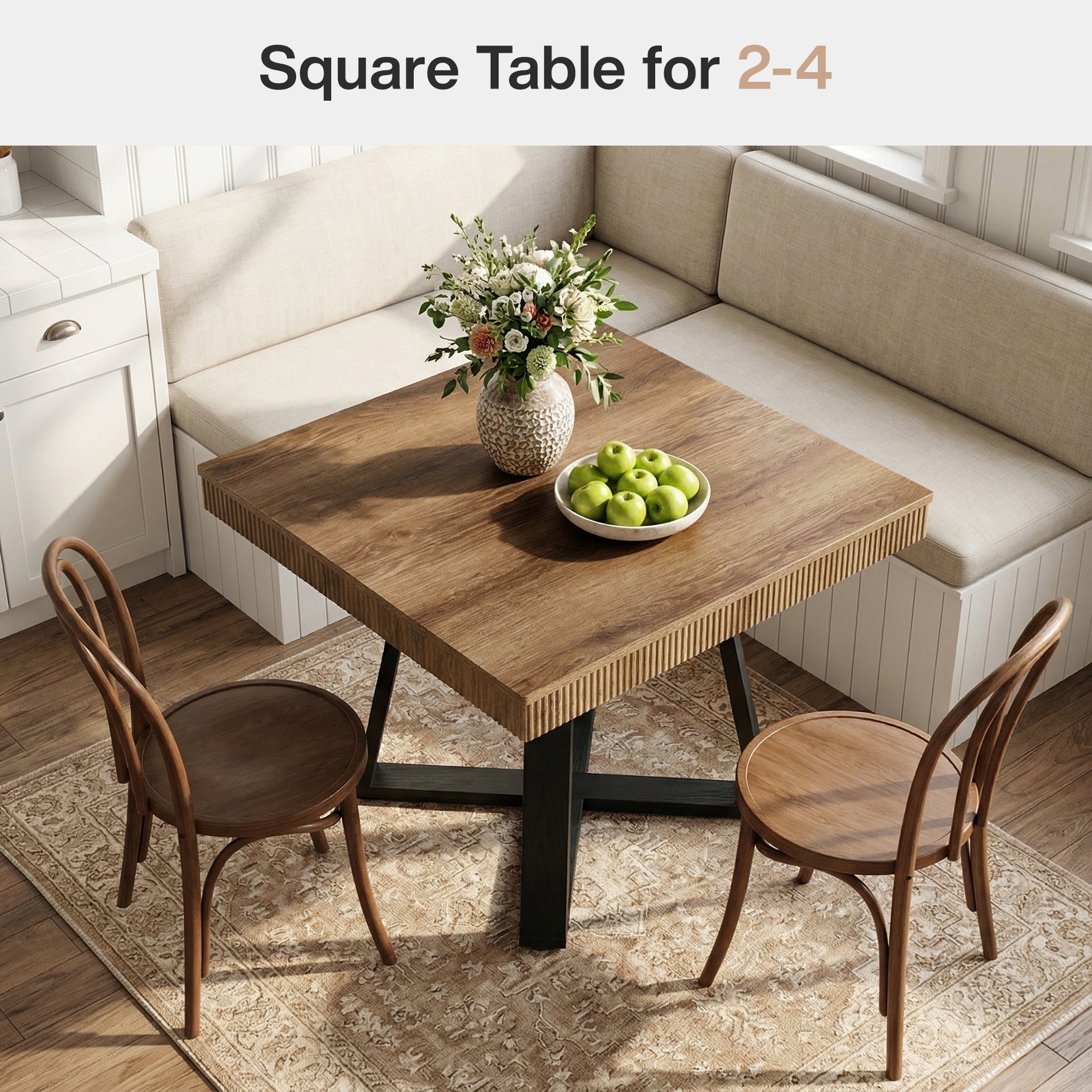 80 cm Vierkante Eettafel voor 4 Personen, Landelijke Houten Tafel met Geribbelde Rand en X-Basis voor Kleine Ruimtes