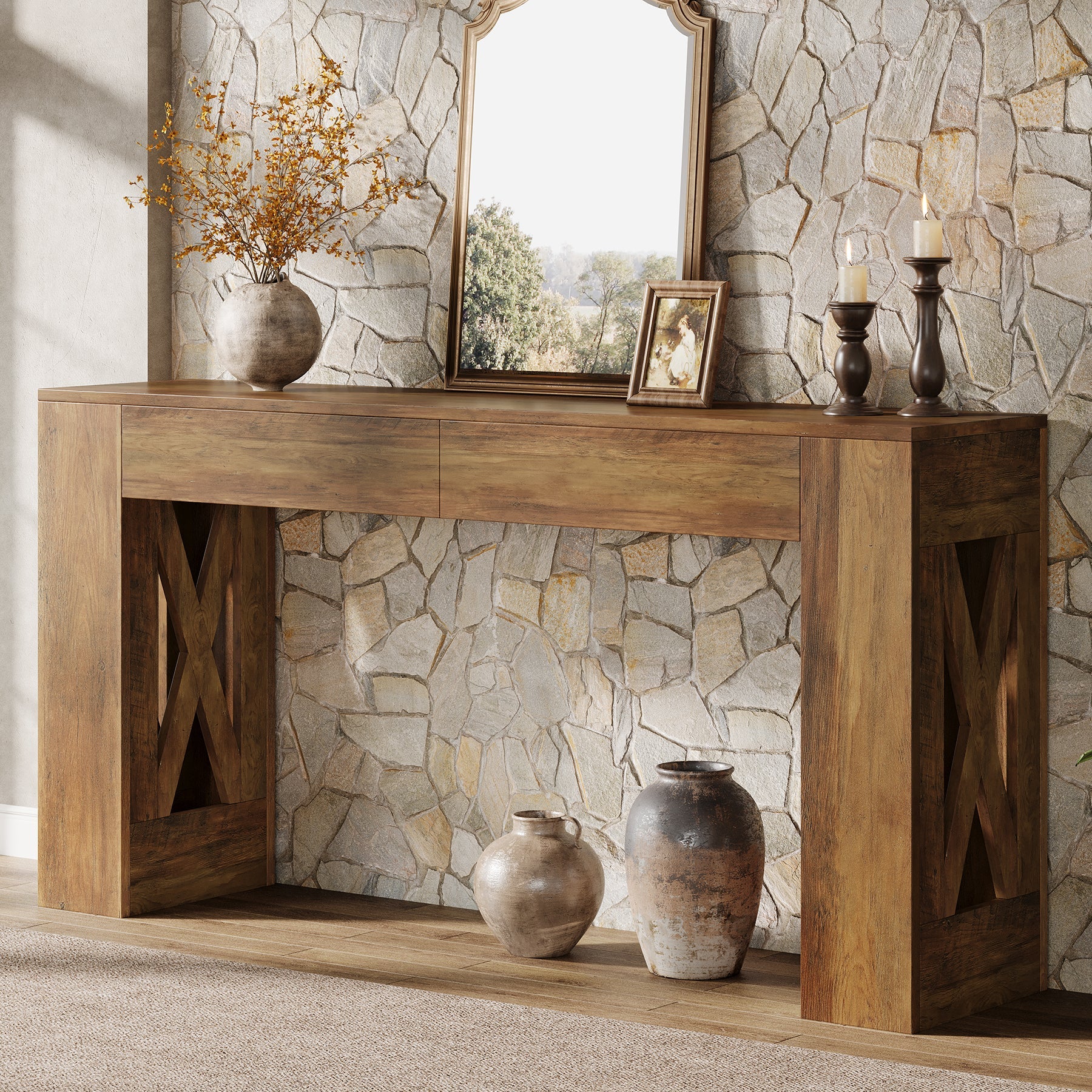 160 cm Consoletafel, Smalle Banktafel met 2 Laden en X-vormige Poten