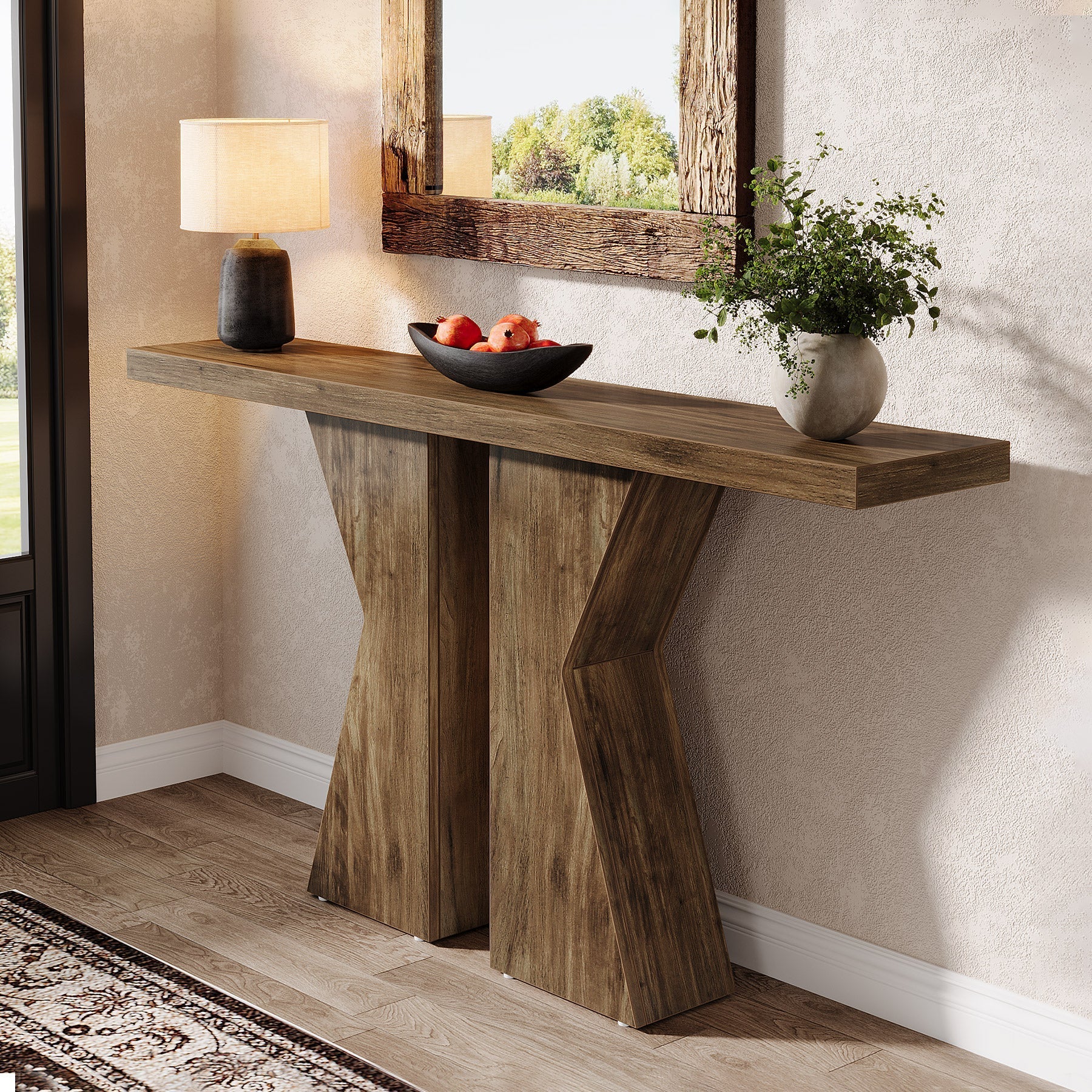 140 cm Boerenstijl Entreetafel, K-Vormig Frame voor Woonkamer en Hal in Rustiek Bruin
