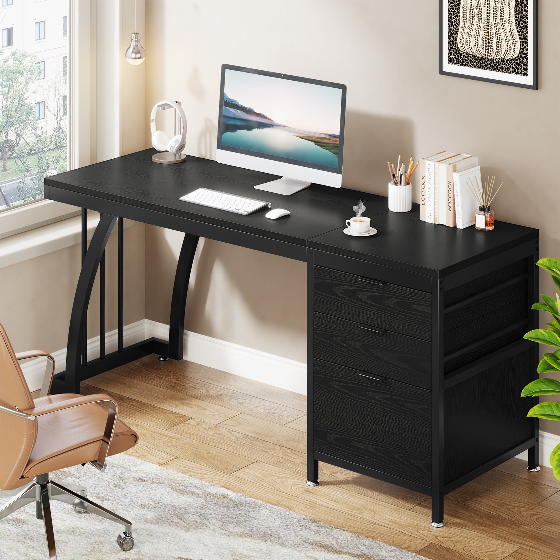 150 cm Computertafel, Industrieel Bureau Met 3 Ombouwbare Laden in Rustiek Bruin