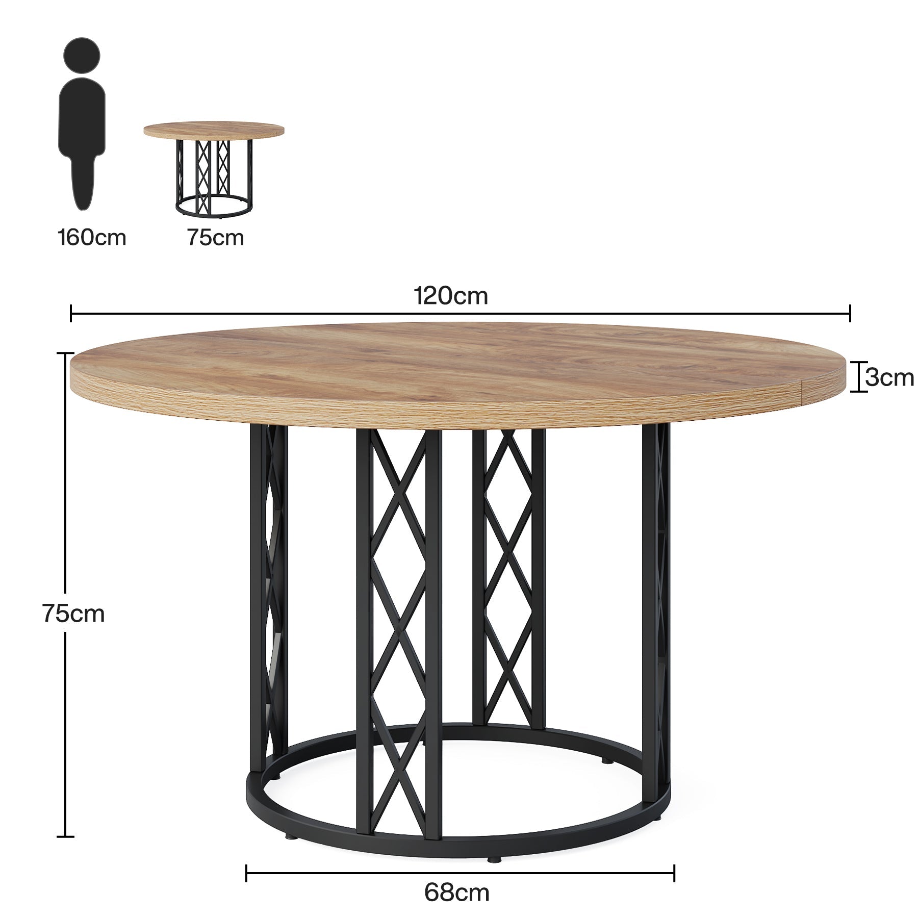 Tribesigns ronde eettafel Ø120 cm voor 4–6 personen, moderne keukentafel met metalen frame