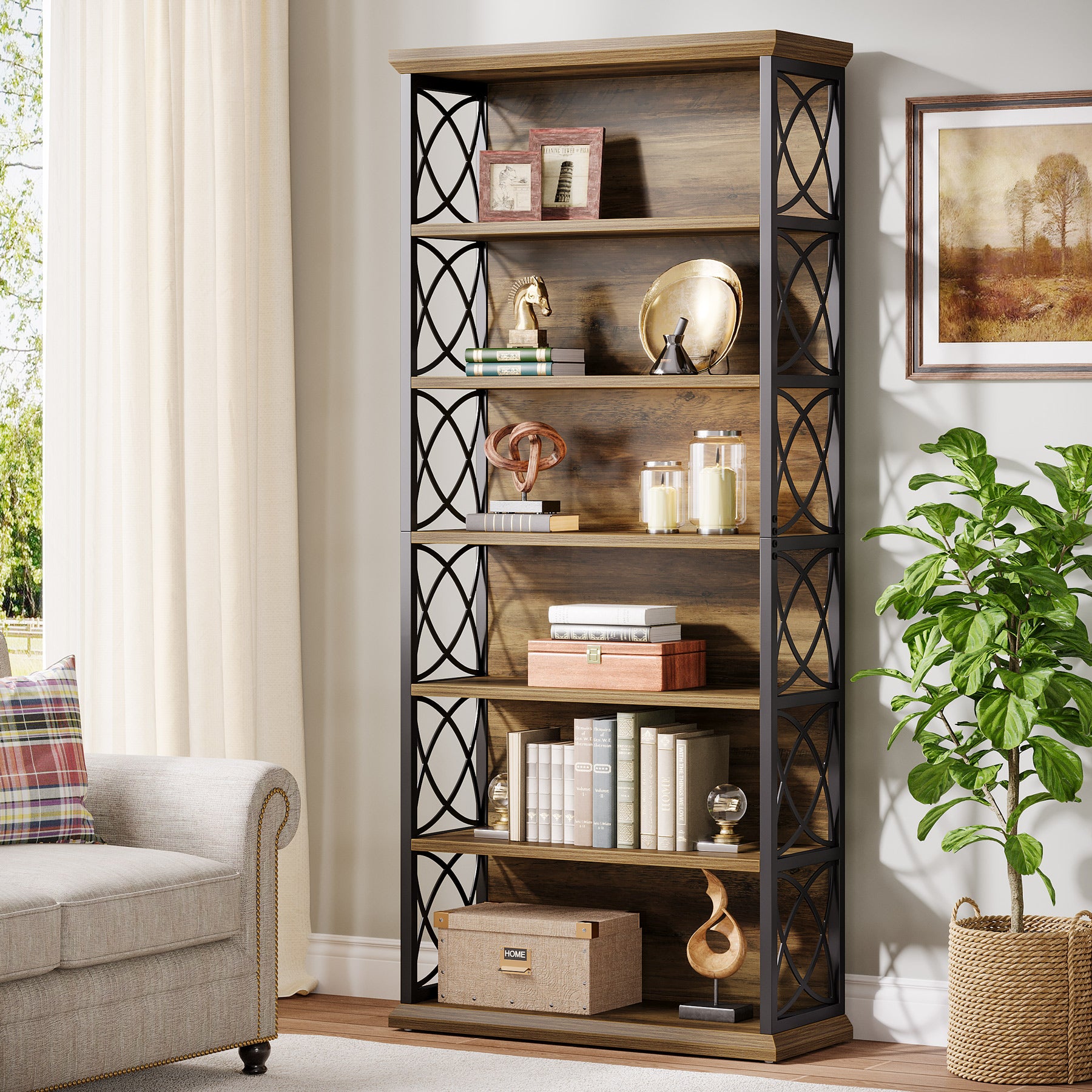185 cm Hoge Industriële Boekenkast, 6 Planken Open Etagère in Hout en Metaal voor Woonkamer