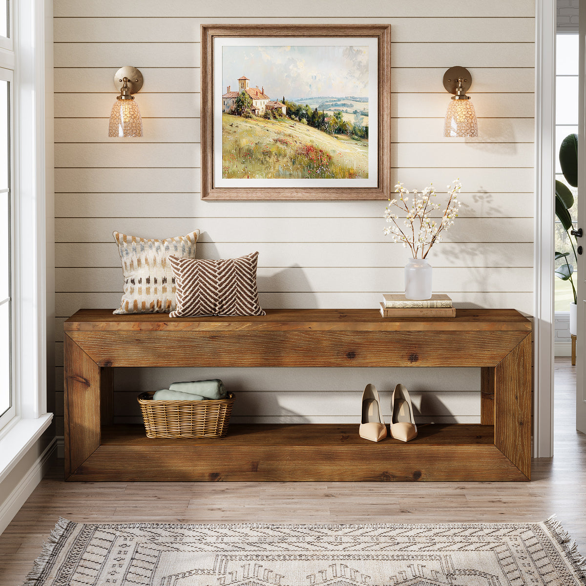 120 cm massief houten halbank met opbergplank, landelijke zitbank voor entree en hal