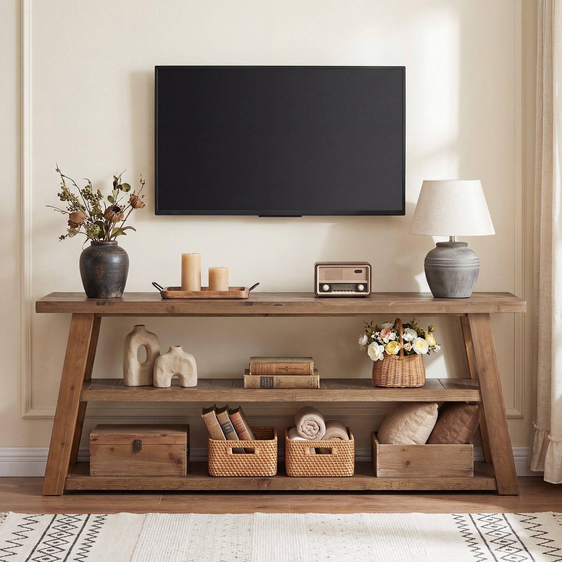 Tribesigns tv-lagekast van massief hout 160 cm, tv-meubel voor televisies tot 70 inch met 3 open planken
