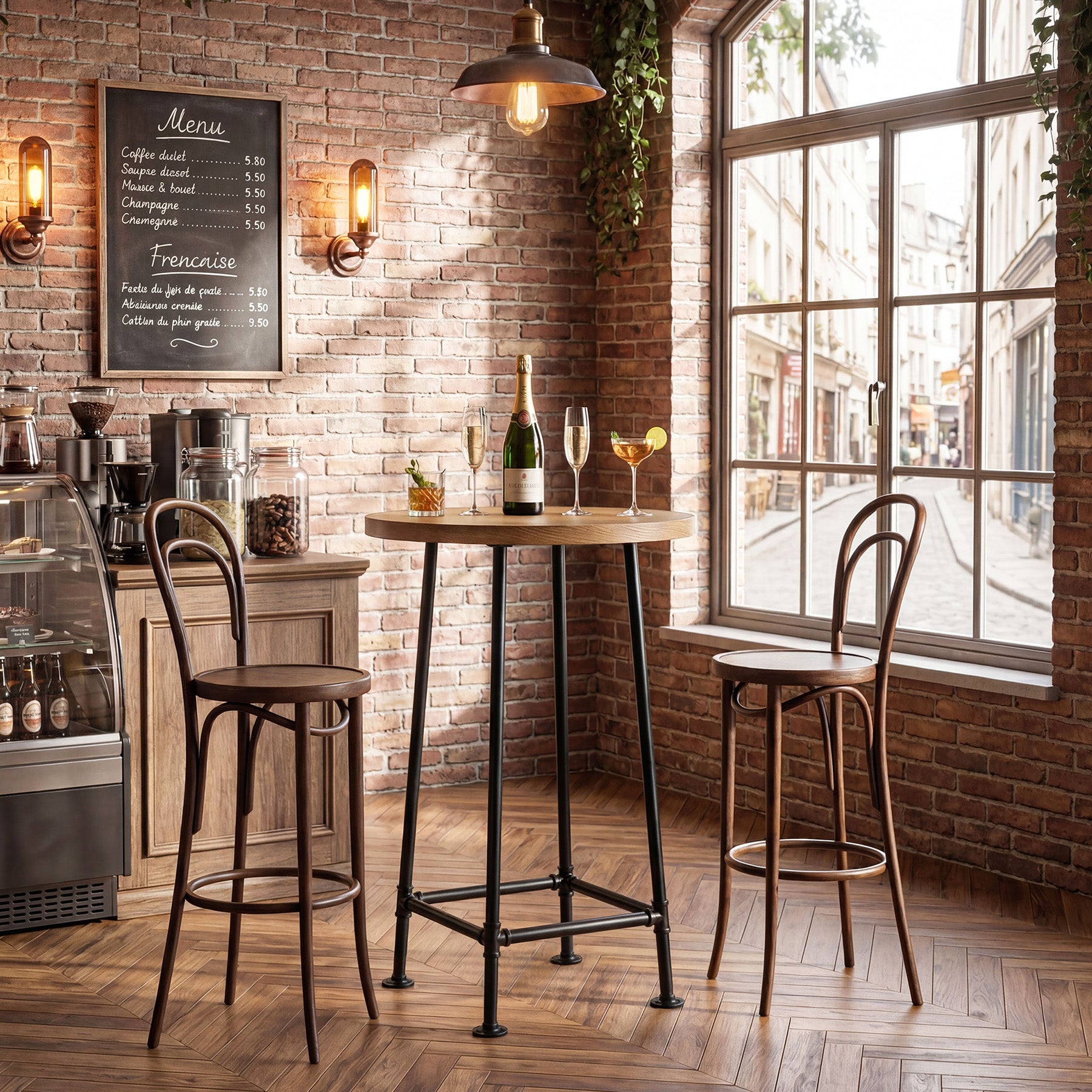 95 cm Ronde Bartafel met Metalen Voetsteun, Industriële Statafel voor Keuken en Bistro (Alleen Tafel)