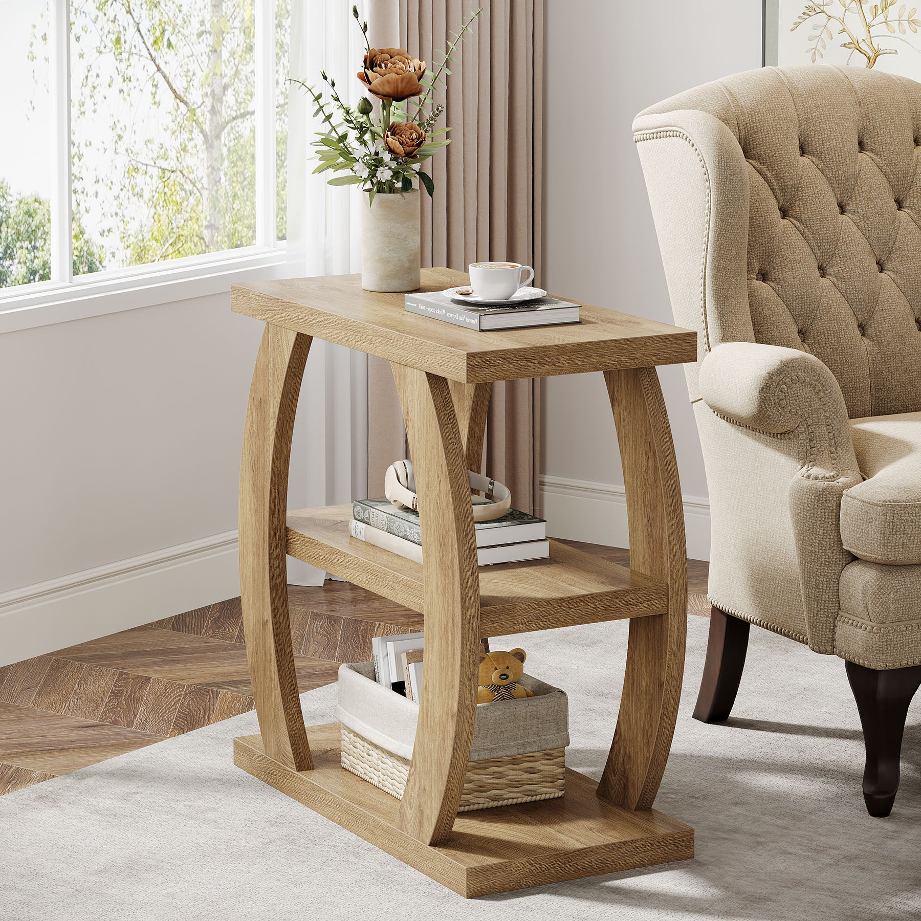 60 cm Hoge Bijzettafel voor Woonkamer, 3-Tier Smalle Tafel met Opbergruimte
