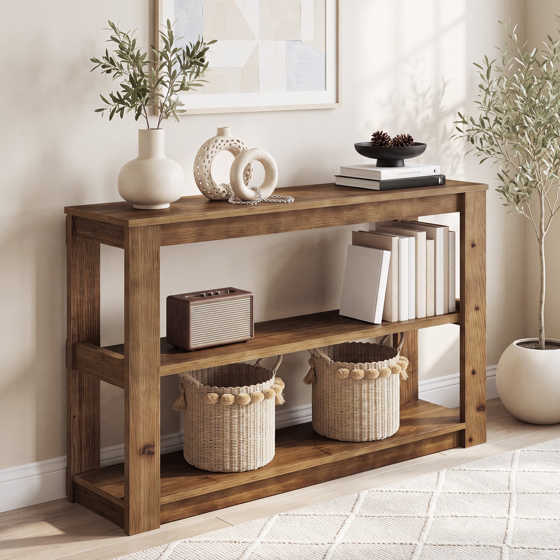 Tribesigns 105 cm massief houten consoletafel met 3 legplanken, smalle haltafel in landelijke stijl