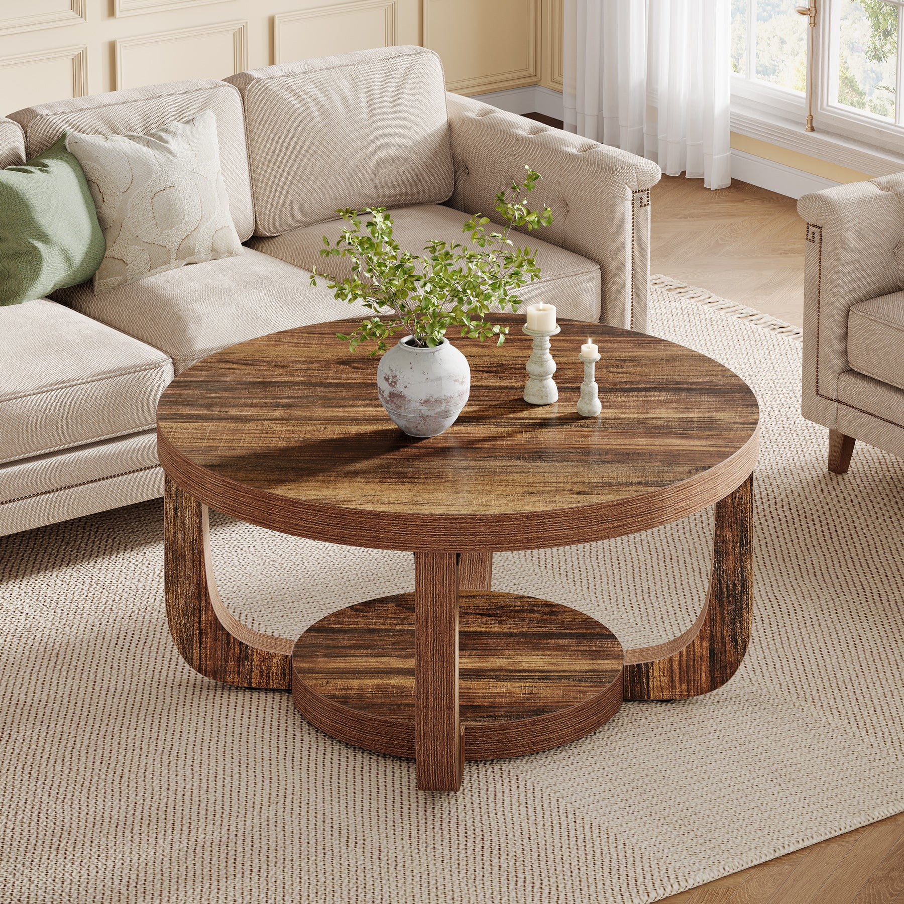 Ronde Salontafel van 80 cm met 2 Lagen en Opbergruimte, Moderne Houten Accenttafel in Rustiek Bruin voor Woonkamer