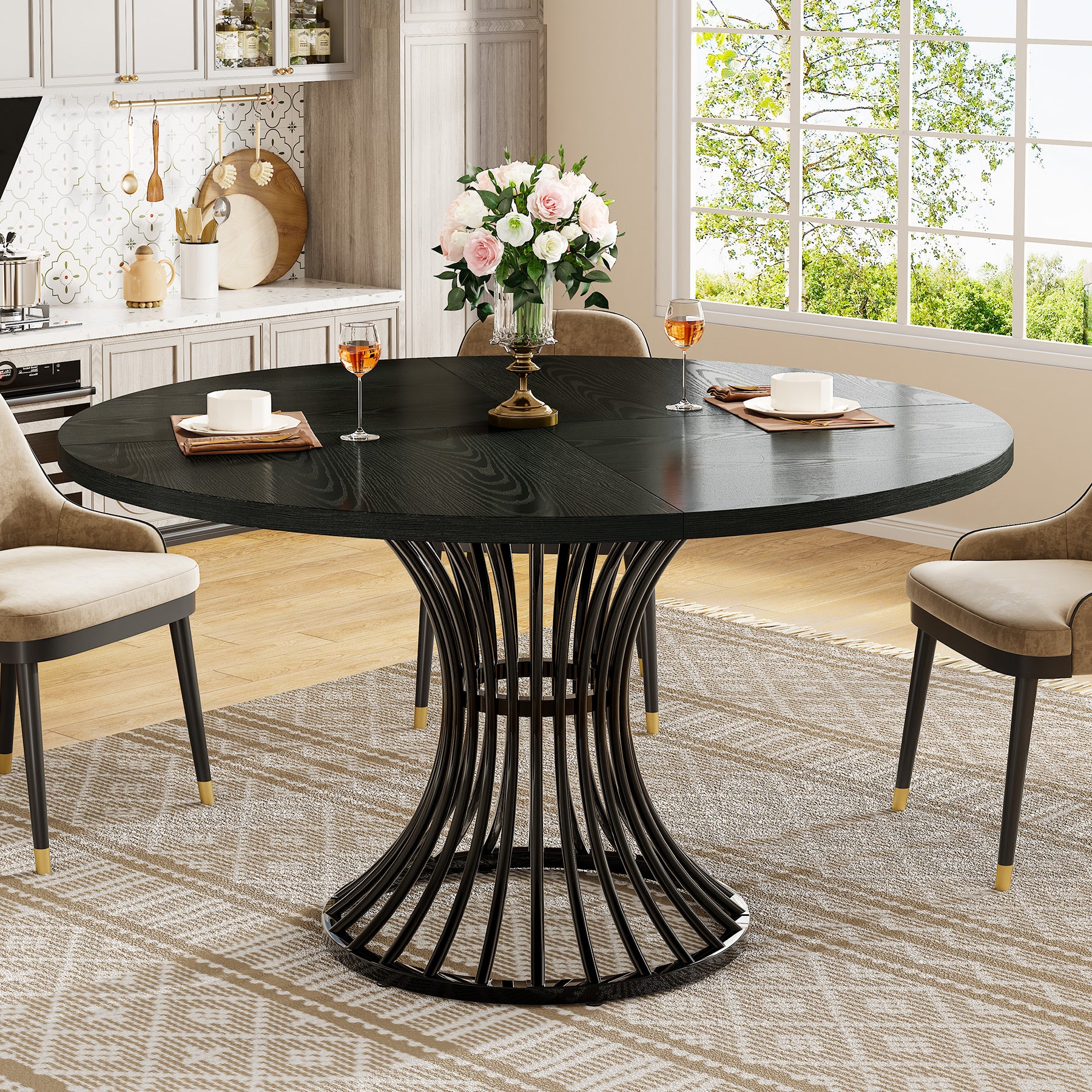 119 cm Ronde Industriële Eettafel, Voor 4-6 Personen met Metalen Frame in Zwart en Bruin