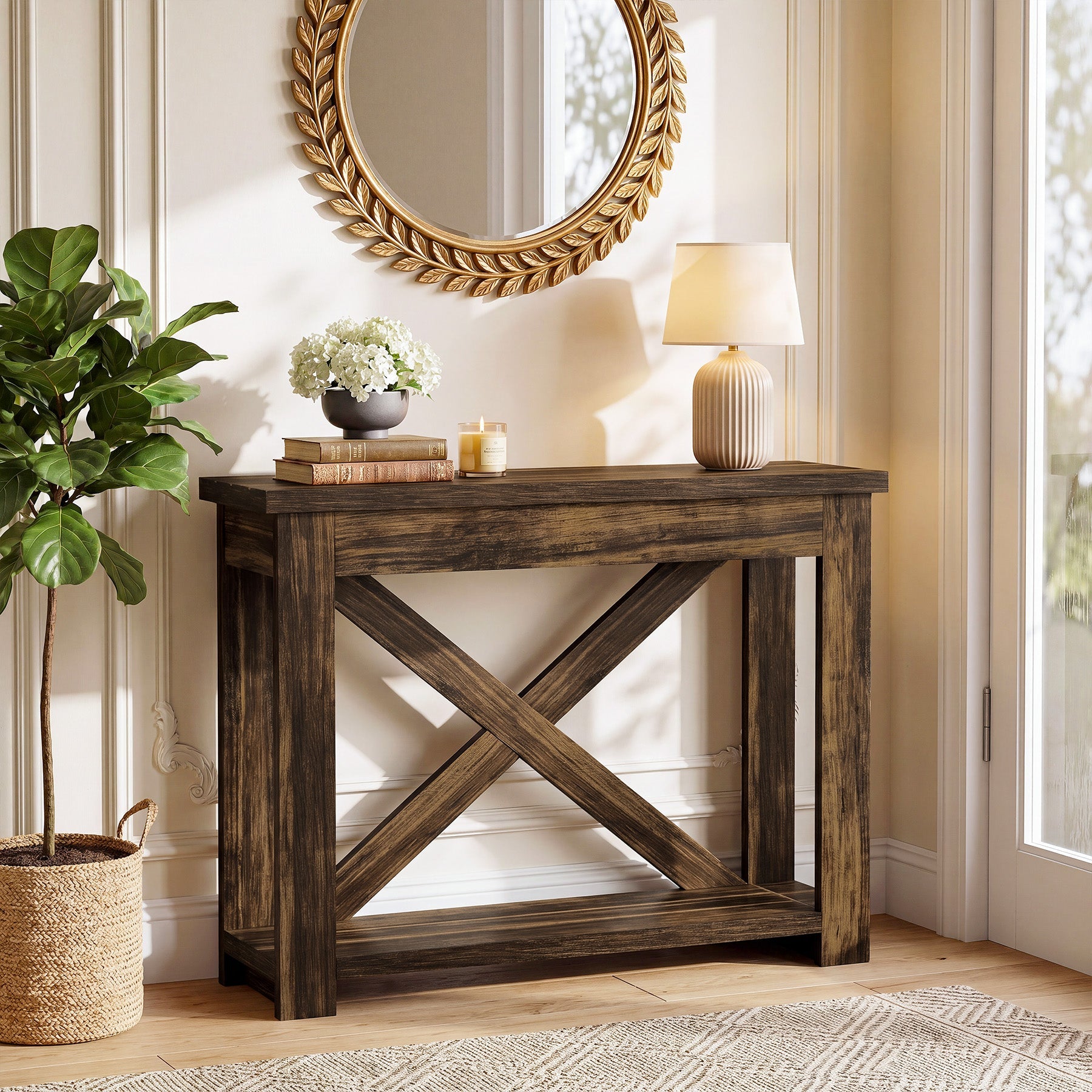 Tribesigns consoletafel 105 cm in landelijke stijl met plank, smalle haltafel met 2 niveaus