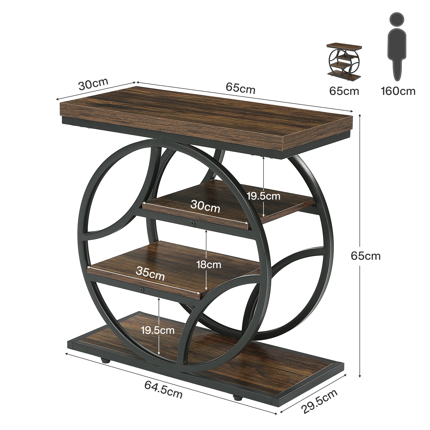 64 cm Smalle Bijzettafel met 4 Niveaus Opbergruimte, Industriële Nachtkast met Metalen Frame voor Woonkamer Slaapkamer