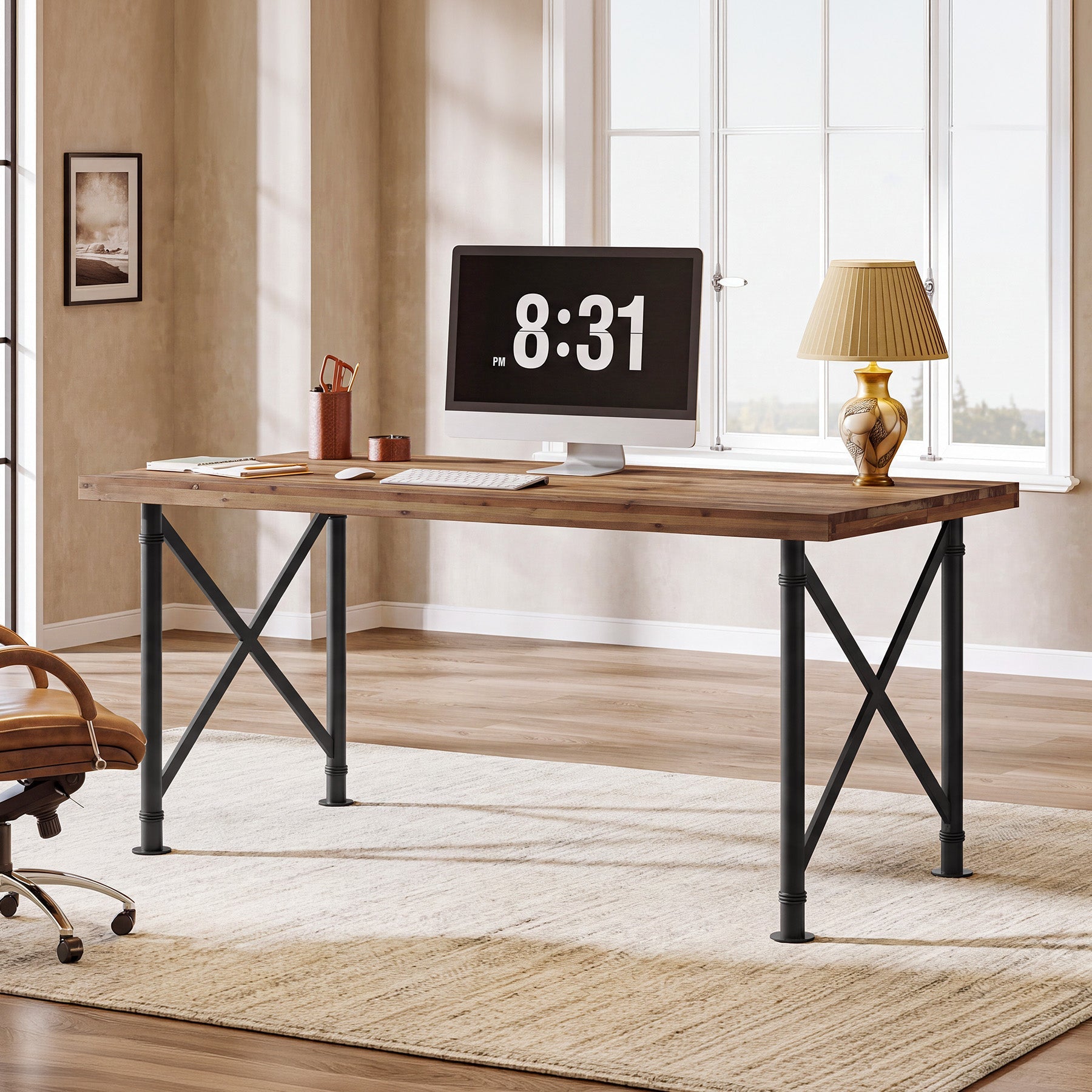 Massief houten bureau 160 × 80 cm, computertafel met X-vormig metalen onderstel voor het thuiskantoor