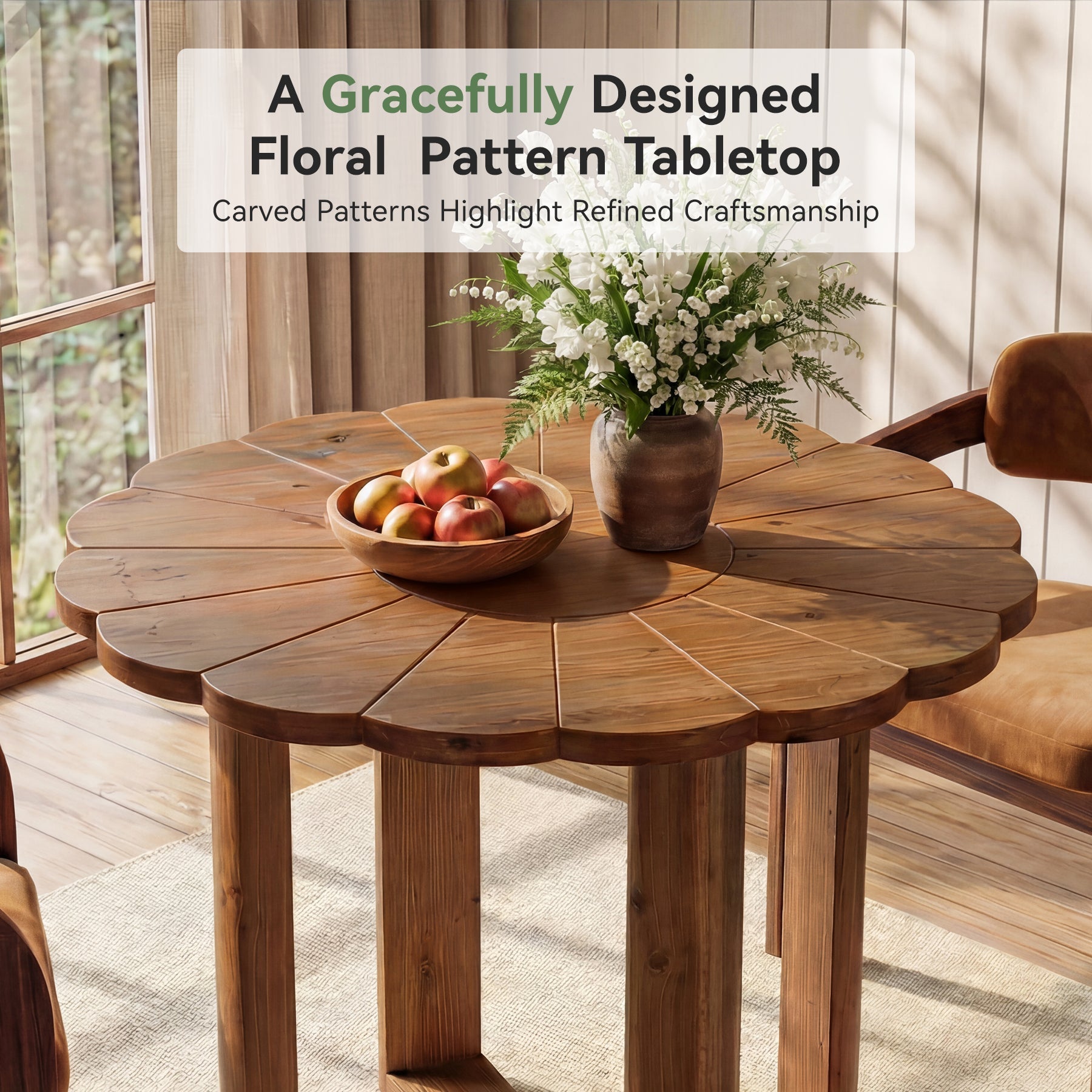 Tribesigns Massief Houten Ronde Eettafel 80 cm voor 2–4 personen, Landelijke Eetkamertafel met Floraal Snijwerkpatroon