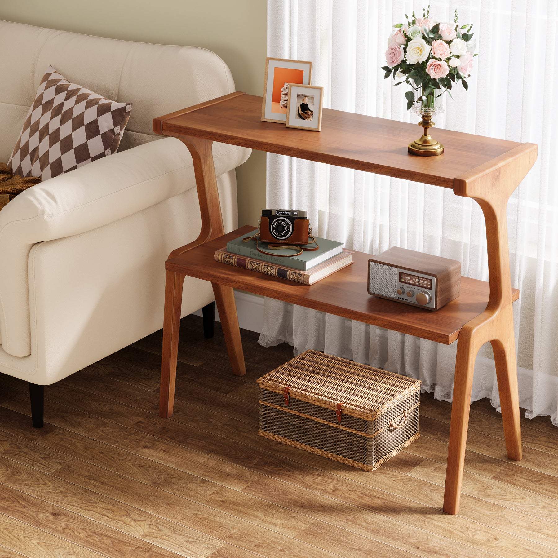 70 cm Tribesigns Bijzettafel van Massief Hout, Smalle 2-Laagse Tafel met Legplanken
