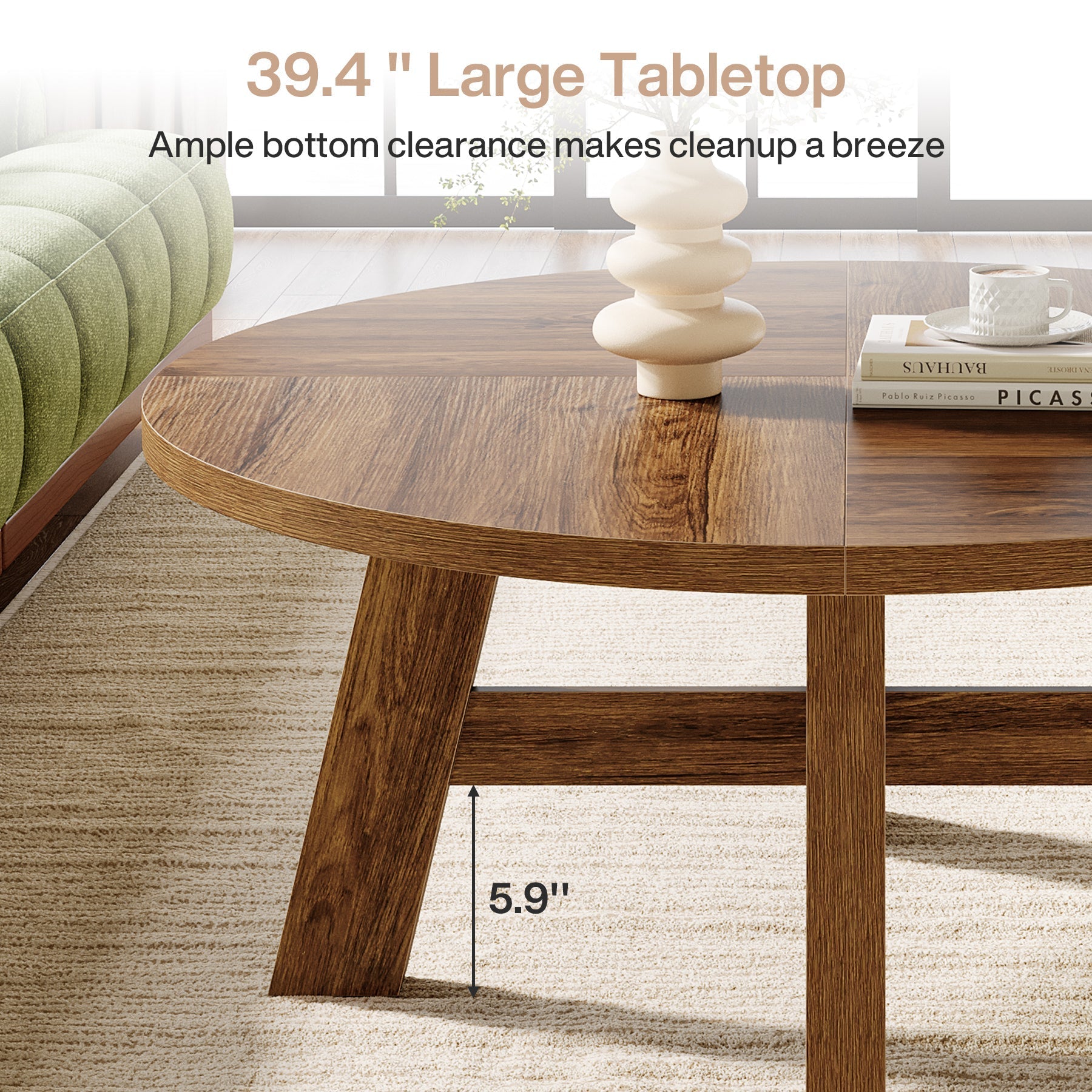 100 cm Ronde Midden-Eeuwse Moderne Salontafel met Kruisversteviging, Lage Houten Center Tafel