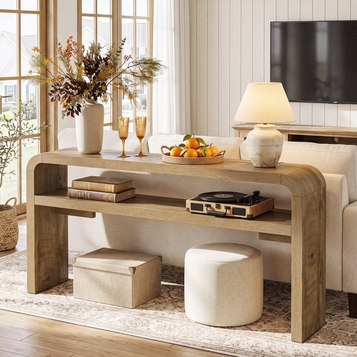 160 cm smalle consoletafel met 2-laags open opbergrek en landelijke houtlook, haltafel voor woonkamer en entree
