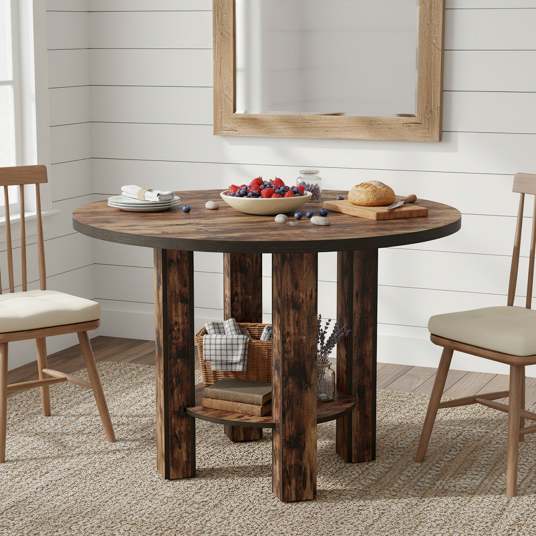 99 cm Ronde Eettafel voor 4 Personen, Landelijke Keukentafel met 2-Laags Opbergrek in Rustiek Bruin