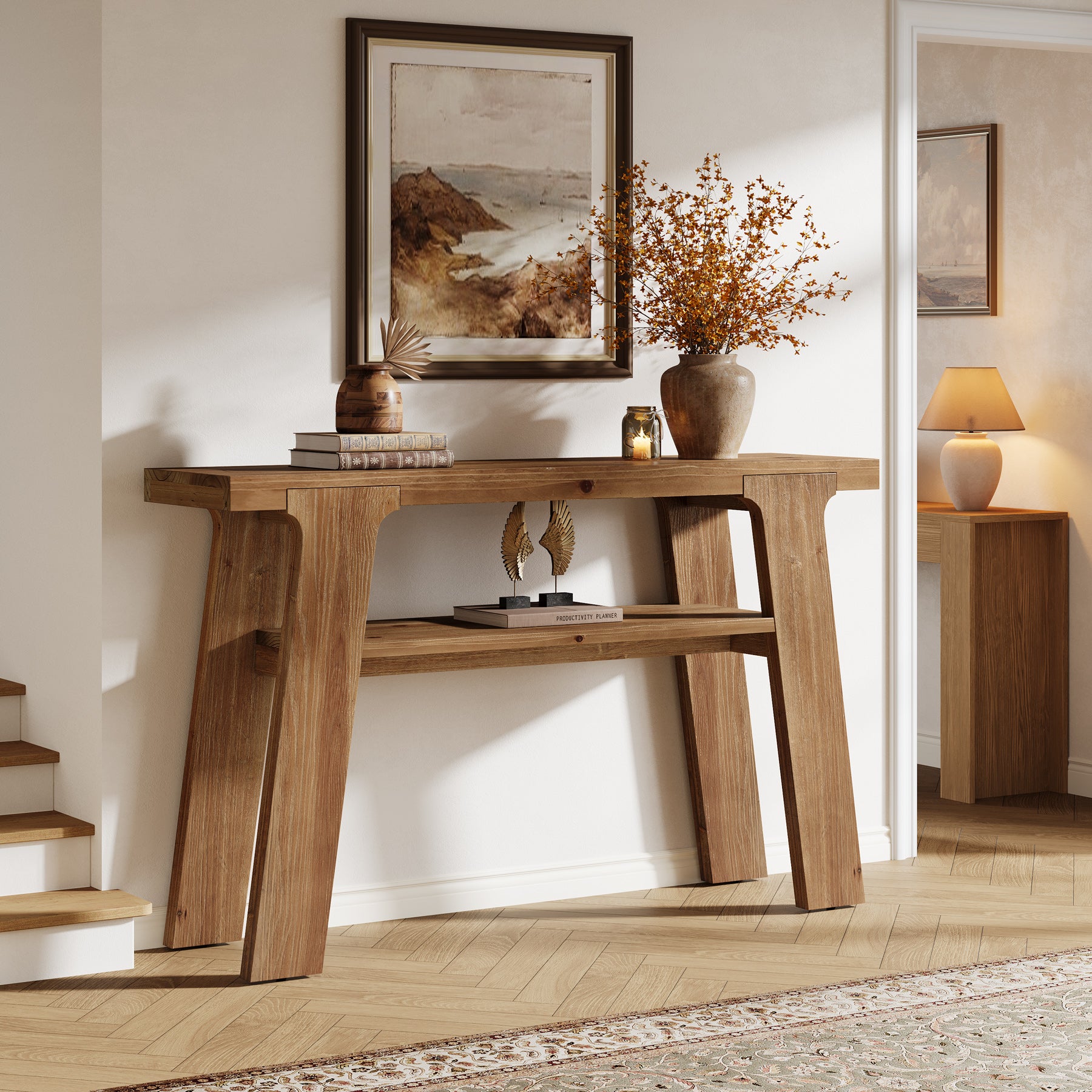 120 cm Houten Consoletafel, Massief Houten Bijzettafel met 2-Laden Opbergvak
