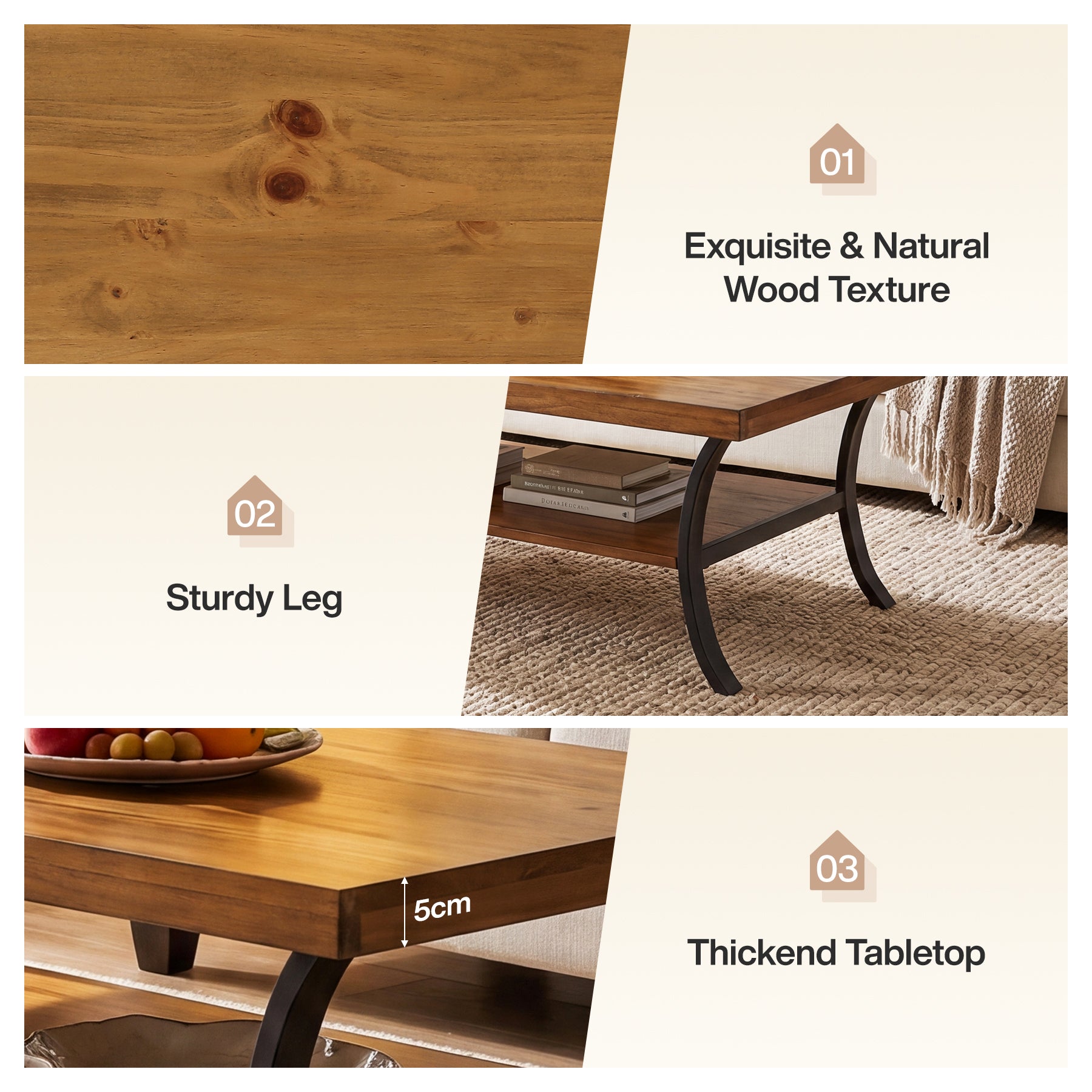 Tribesigns Massief Houten Salontafel 120 cm met Plank, 2-Laagse Woonkamertafel met Gebogen Metalen Poten