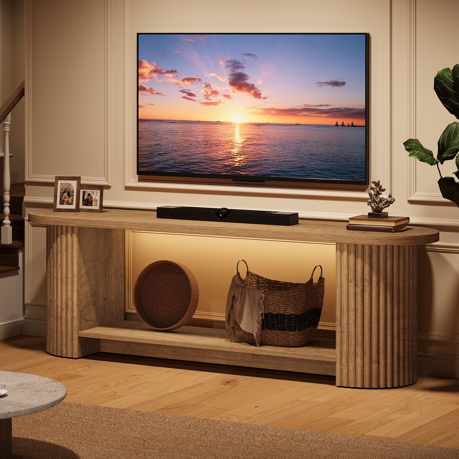 160 cm Tribesigns tv-meubel met geribbeld ontwerp en opbergplank, landelijke mediakast voor woonkamer en slaapkamer