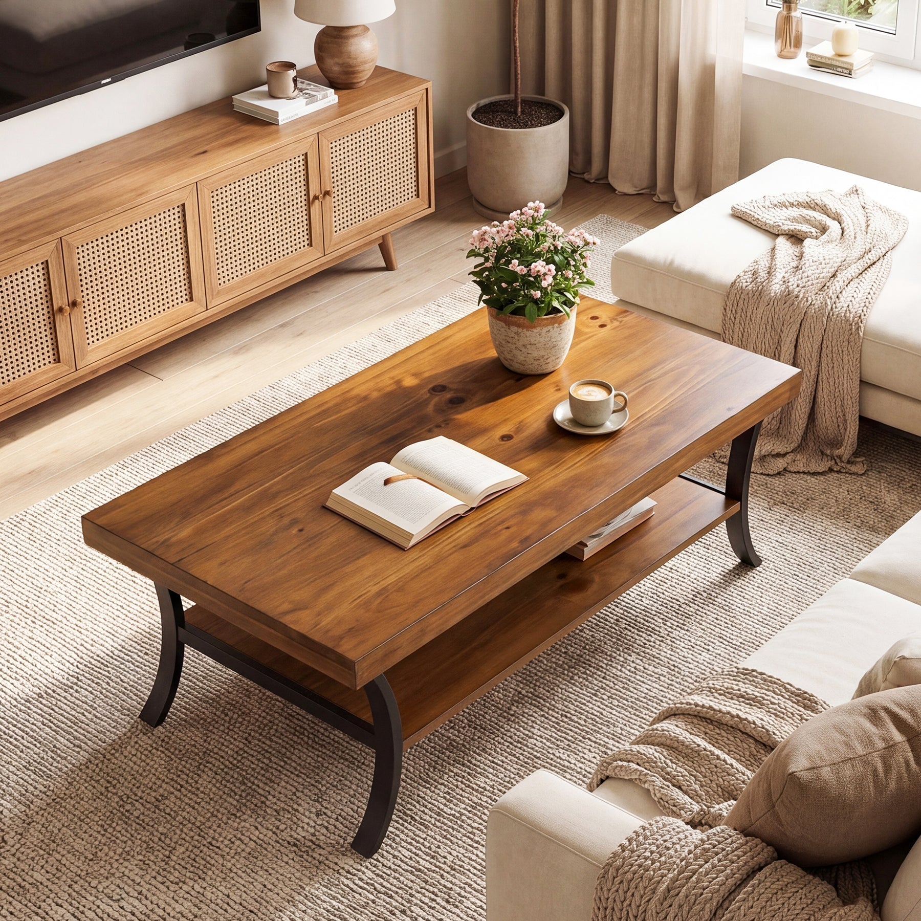 Tribesigns Massief Houten Salontafel 120 cm met Plank, 2-Laagse Woonkamertafel met Gebogen Metalen Poten