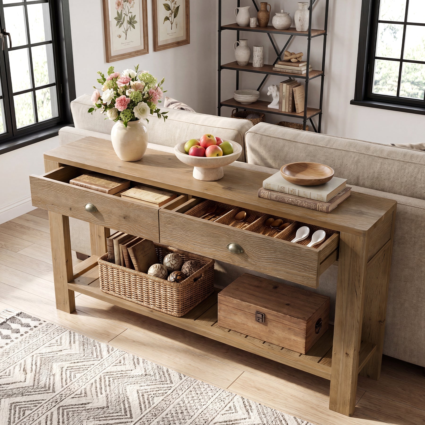 Tribesigns massief houten consoletafel 140 cm, haltafel met 2 lades en open opbergruimte