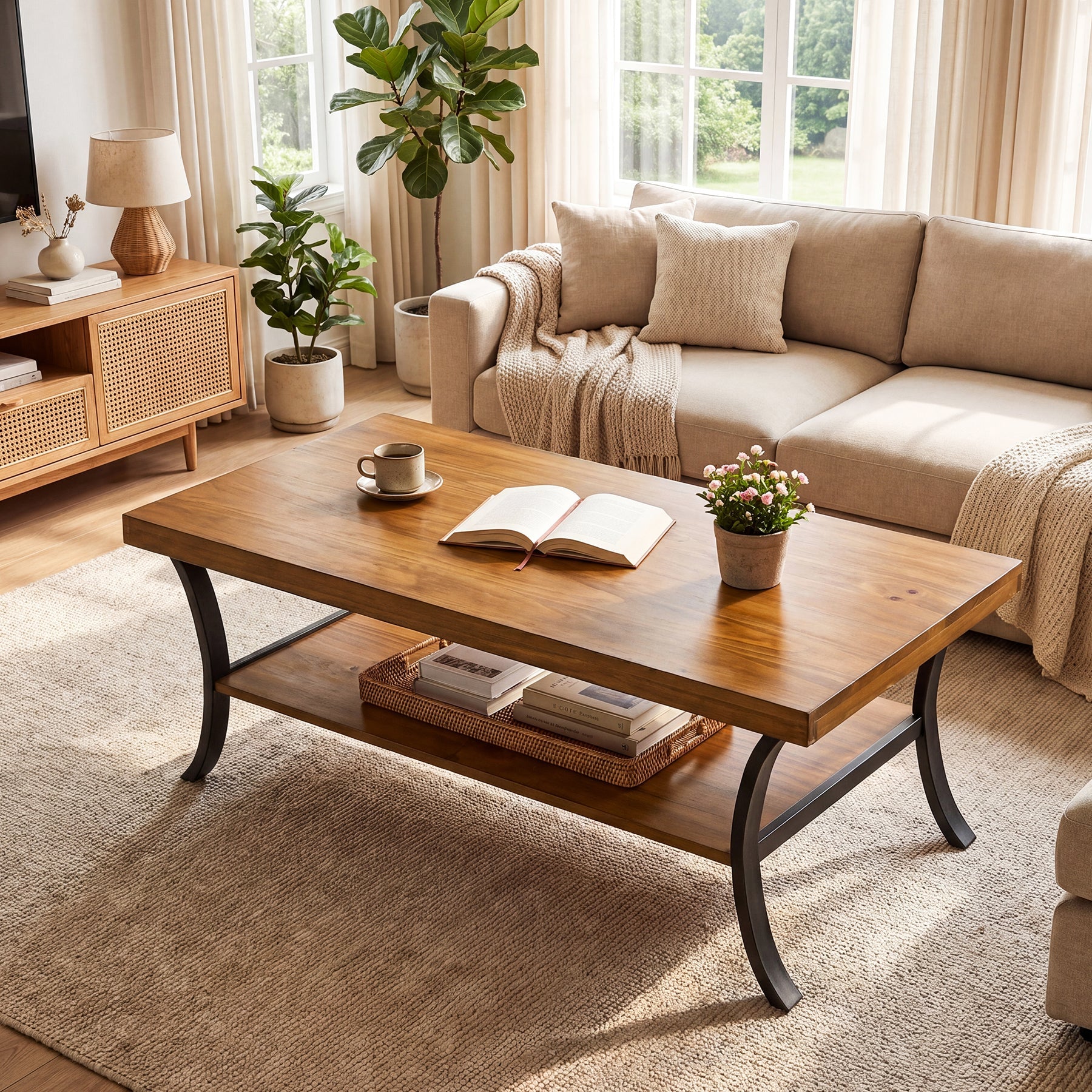 Tribesigns Massief Houten Salontafel 120 cm met Plank, 2-Laagse Woonkamertafel met Gebogen Metalen Poten