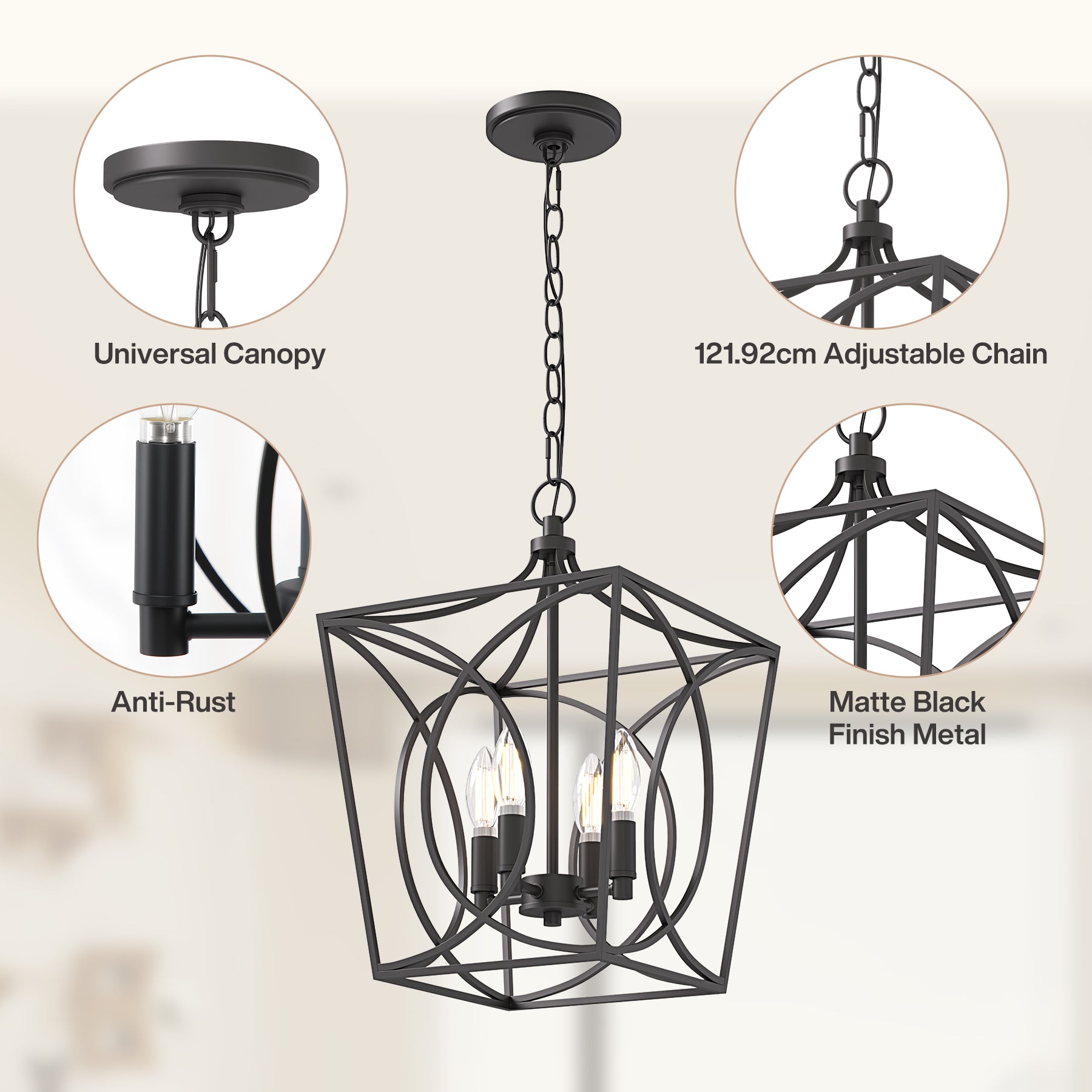 Tribesigns Industriële Metalen Kroonluchter, Zwarte Geometrische Hanglamp voor Woonkamer Entree Slaapkamer [Energieklasse E]