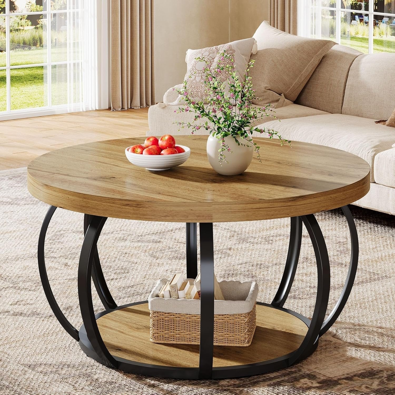 31.5" Round Coffee Table, Farmhouse Accent Center Table with 2-Tier Shelf#Kleur_Bruin