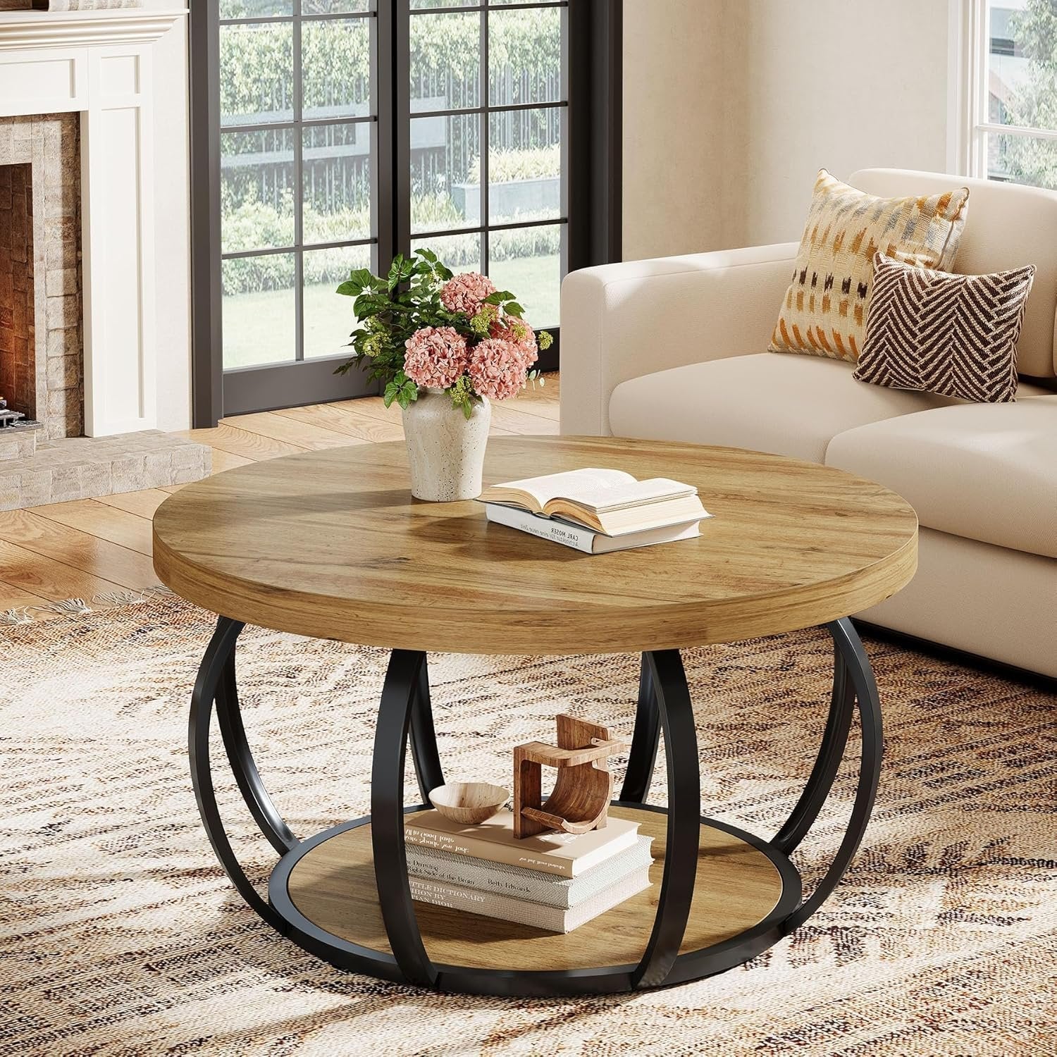 80 cm Ronde Salontafel, 2-Laags Landelijke Center Tafel met Hout en Zwart Metaal