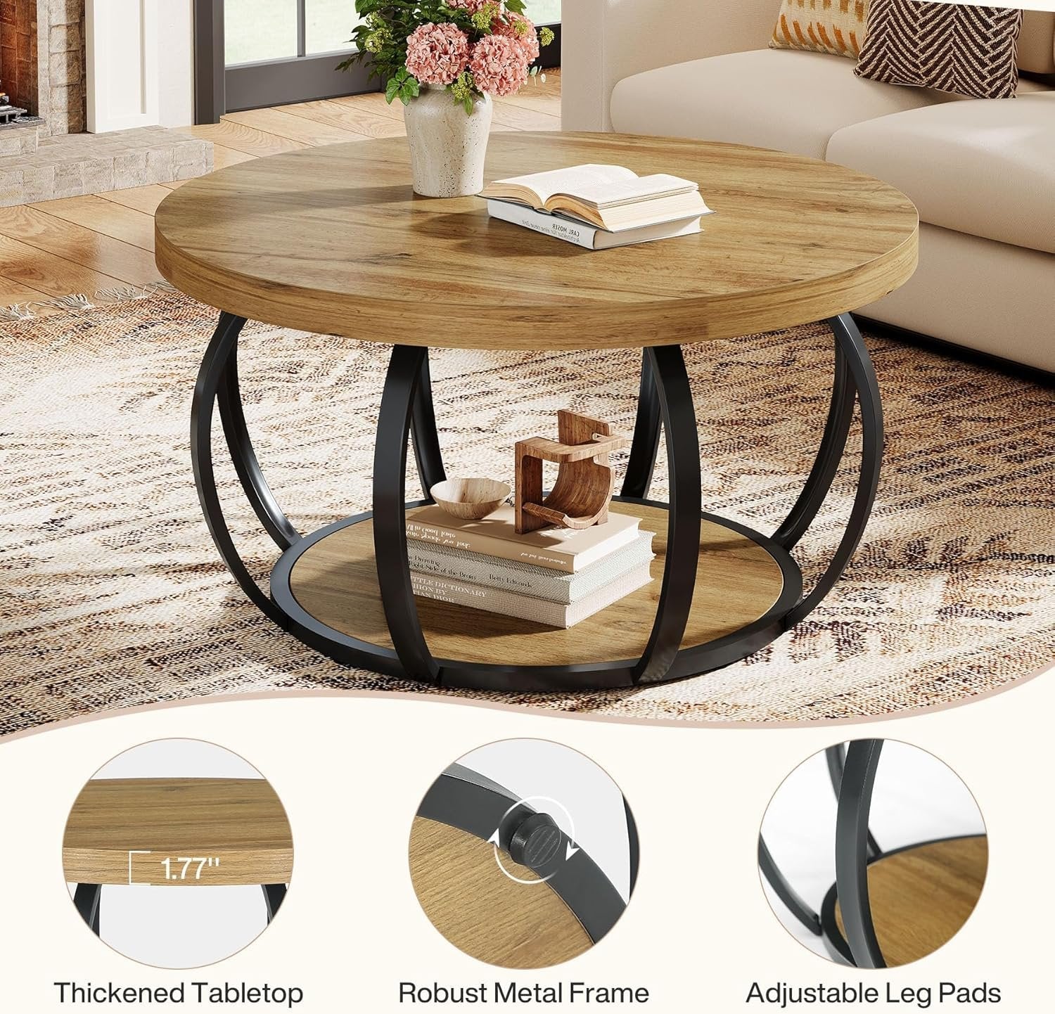 80 cm Ronde Salontafel, 2-Laags Landelijke Center Tafel met Hout en Zwart Metaal