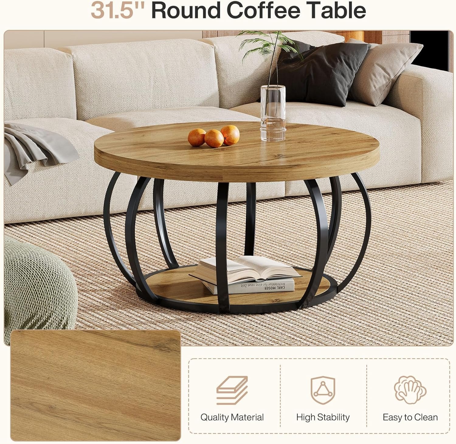 80 cm Ronde Salontafel, 2-Laags Landelijke Center Tafel met Hout en Zwart Metaal