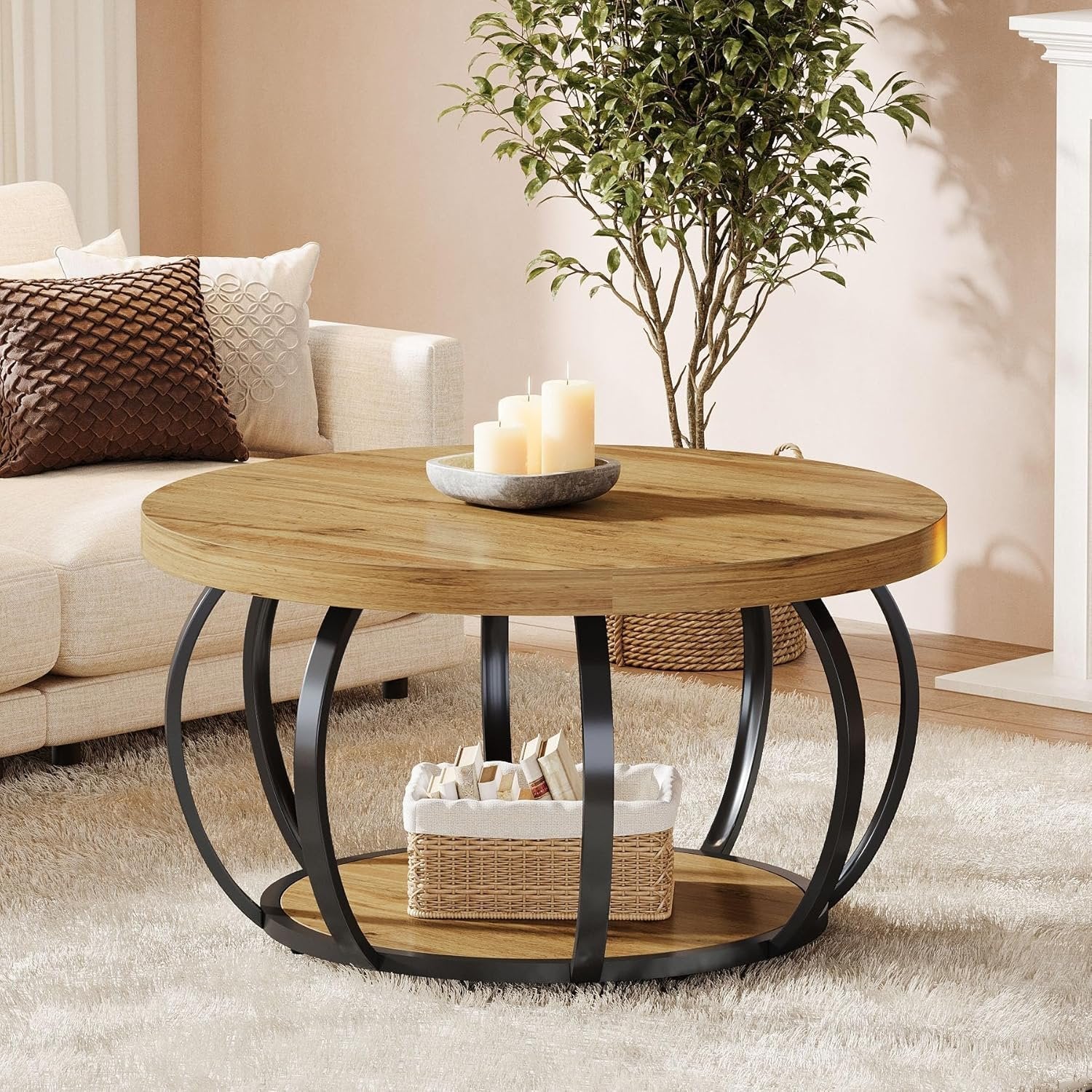 80 cm Ronde Salontafel, 2-Laags Landelijke Center Tafel met Hout en Zwart Metaal